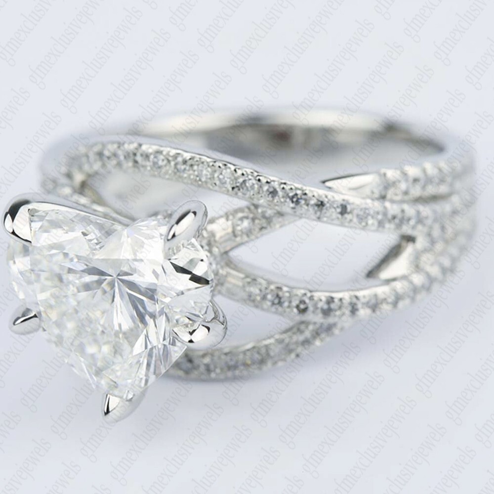 2.56 TCW Heart Cut Moissanite Criss Cross Engagement Ring 14k White Gold Plated