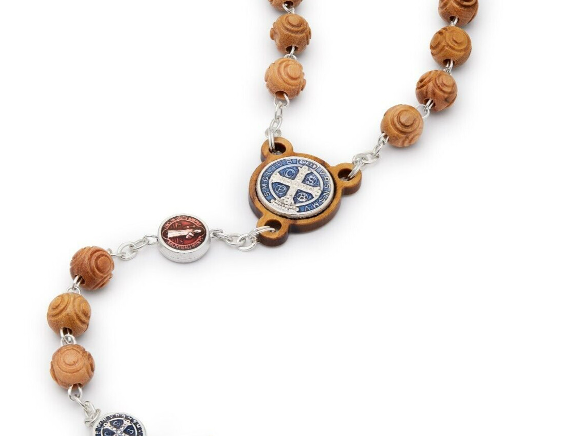 St Benedict Rosary Beads Catholic Olive Wood Medal Cross Blessed By Pope Vatican