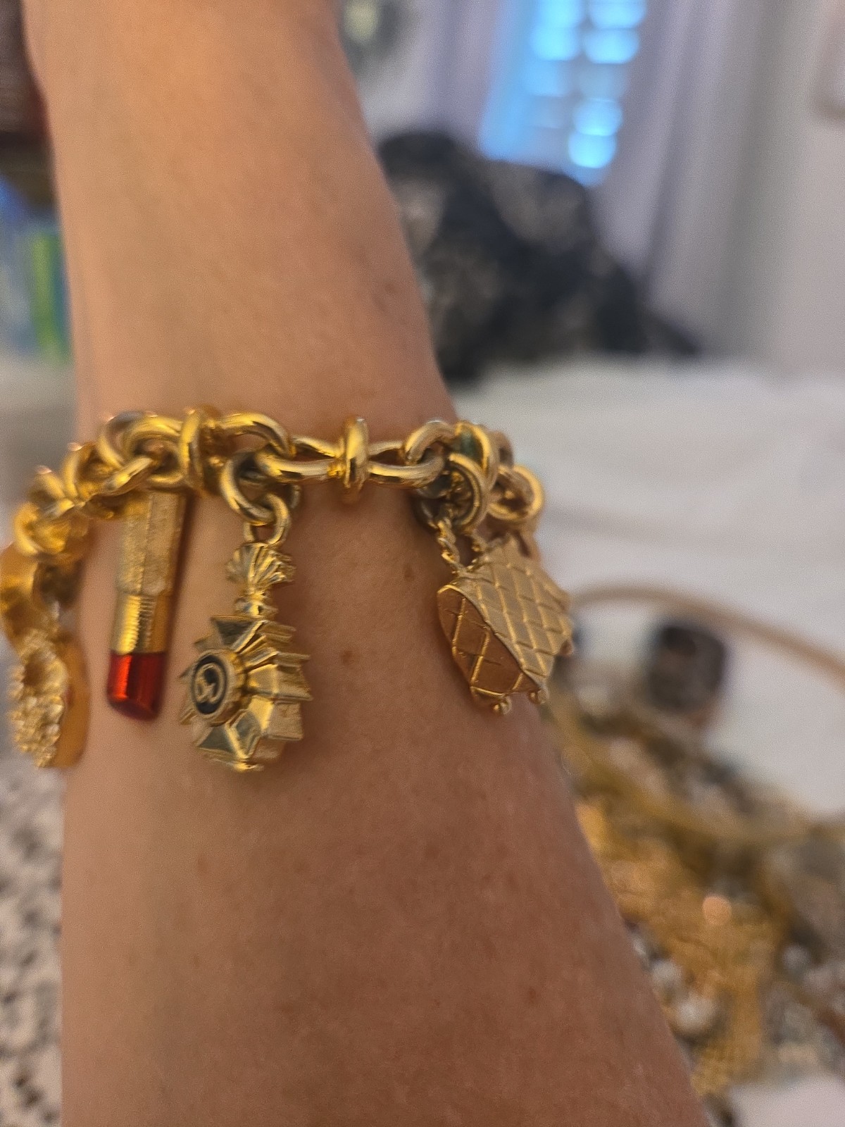 Vintage St John Charm Bracelet Crystal gold Logo Crystal Couture 9 Charm