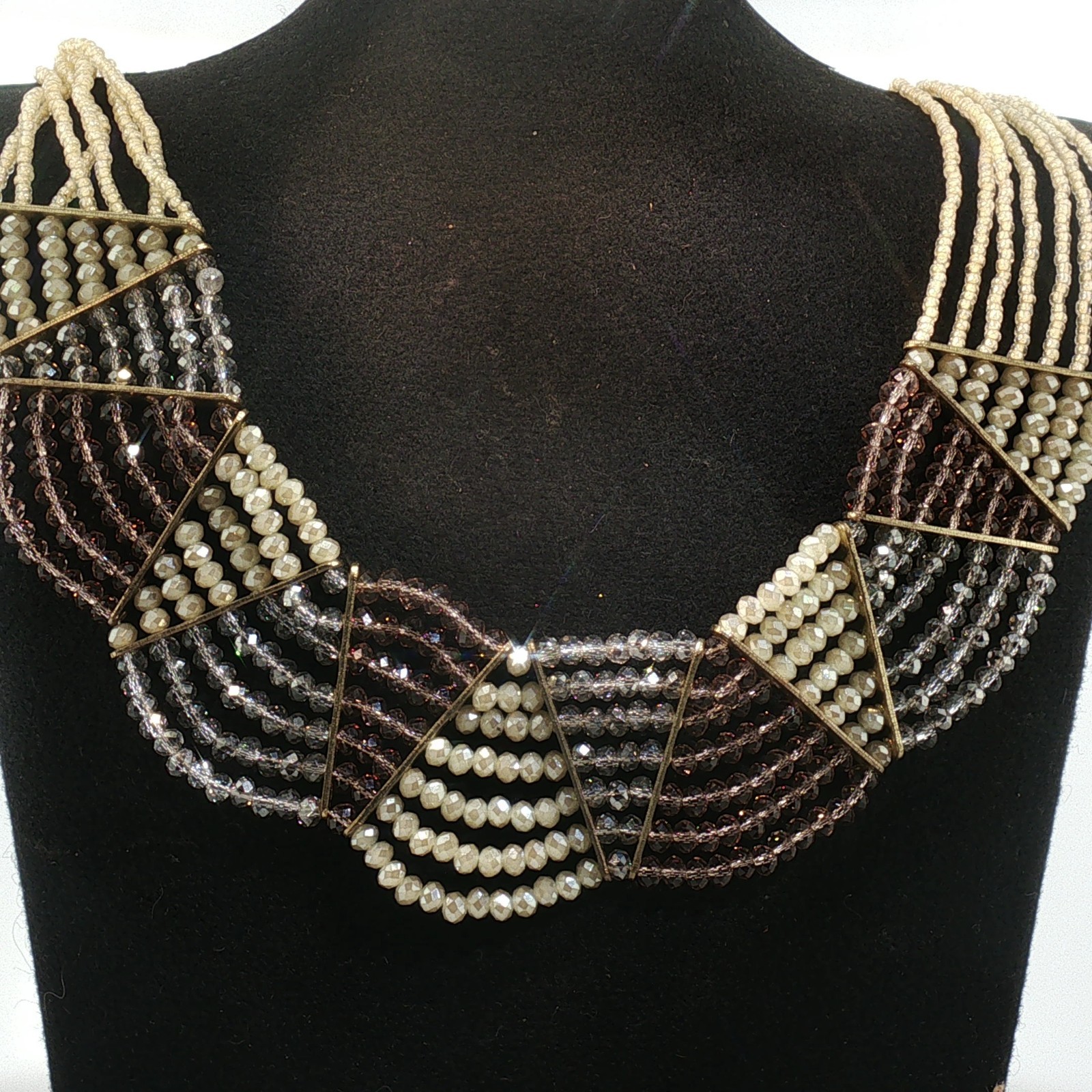 Vintage Multi-Strand Crystal Bib Necklace Gold Bronze Geometric Statement