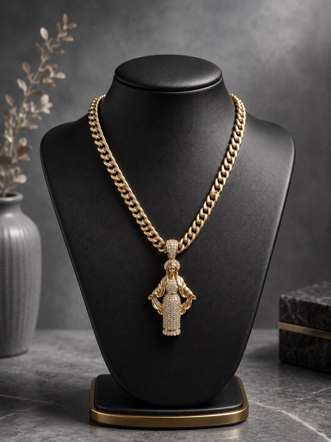 Gold plated none tarnishedCuban Link Chain Religious Necklace w/ Rhinestone