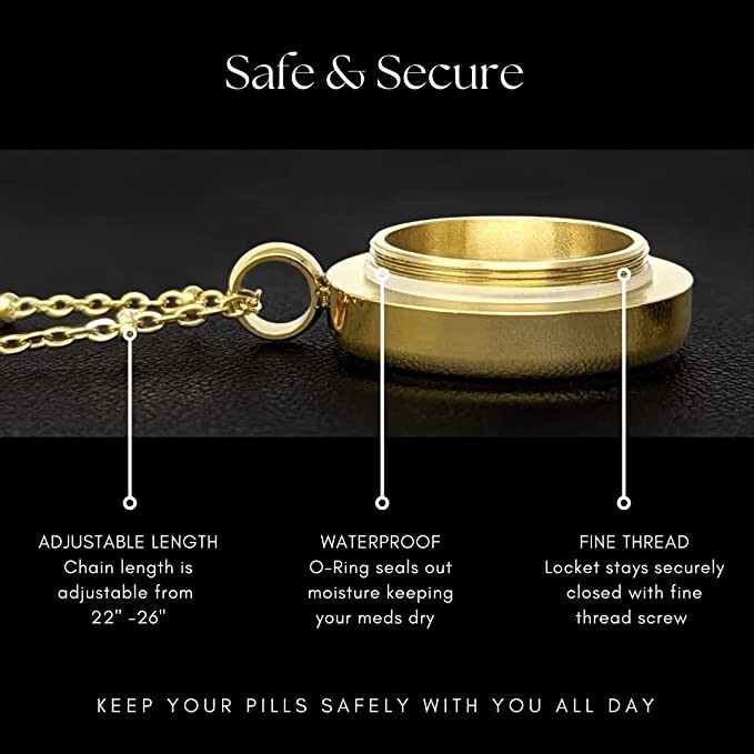 Round Pill Locket Necklace, Secure Waterproof Closure Med Box Jewelry, 26″ Chain