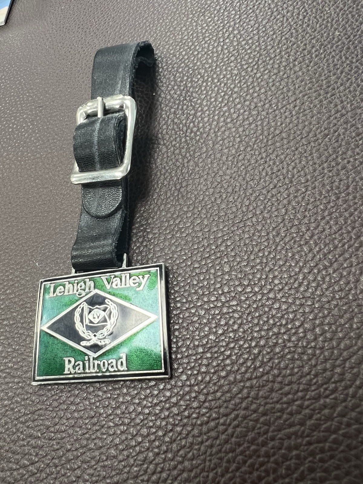 Lehigh Valley Railroad Metal Enamel Pocket Watch Fob, Green/Black, Leather Strap