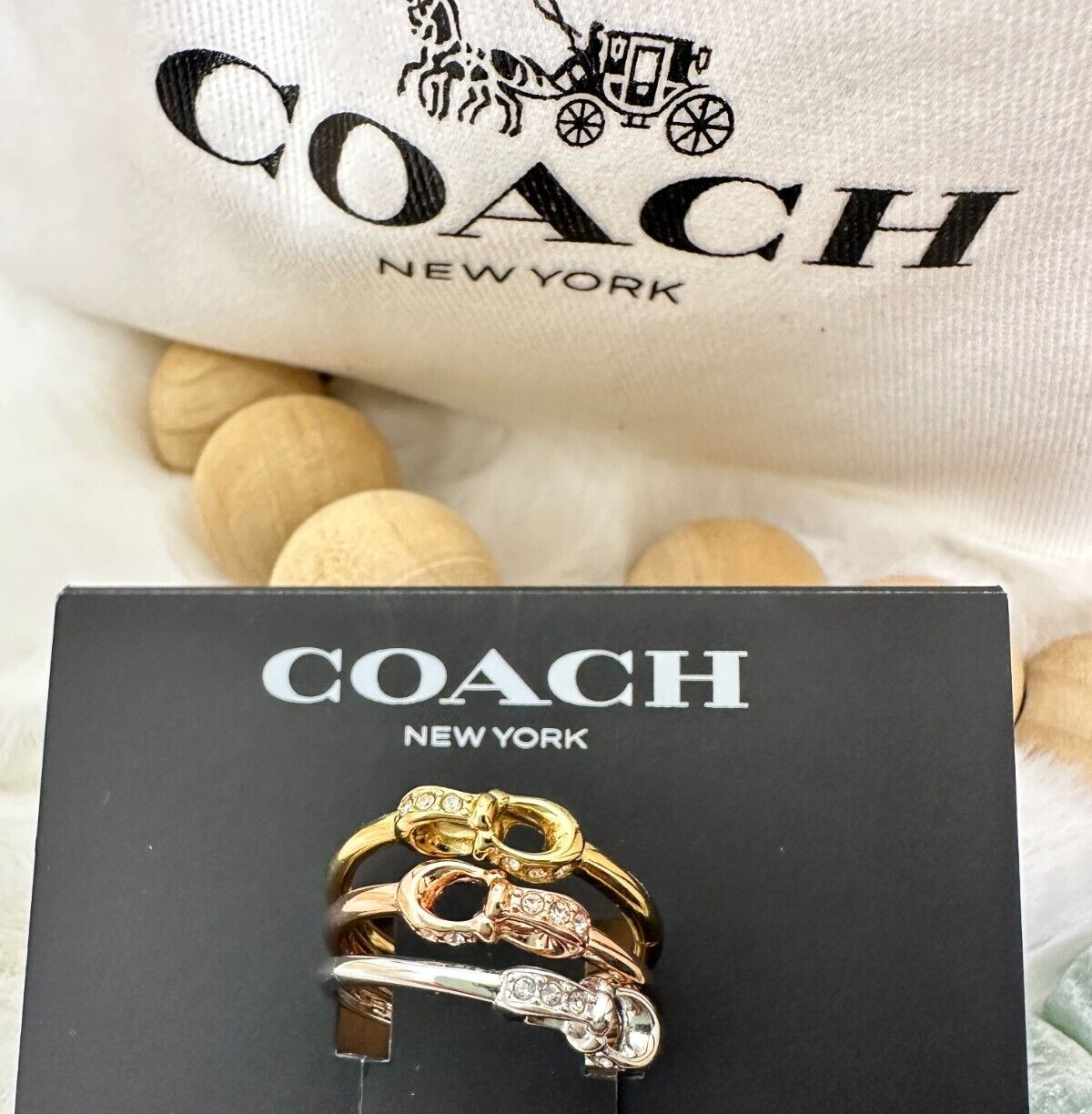 Coach Interlocking C Pavé Ring Set Size 7 Tri Tone Gold Silver Rose Gold