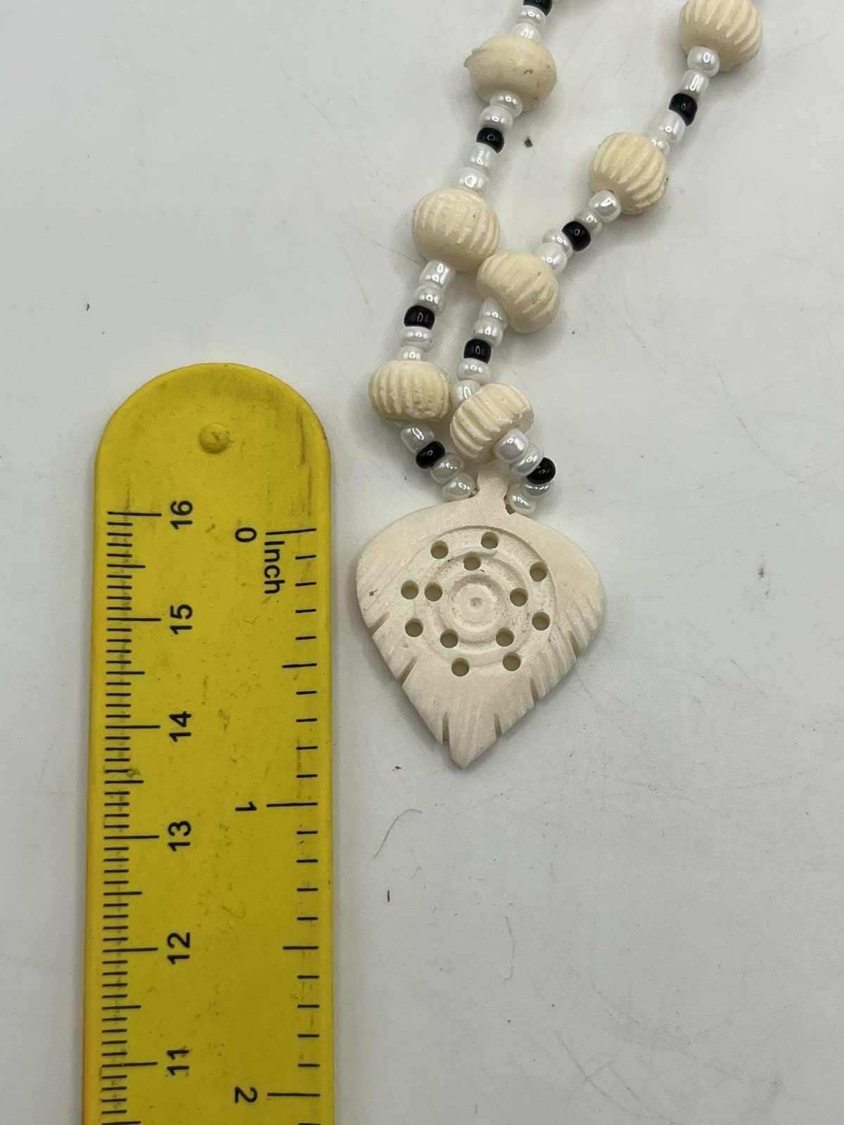 Carved Pendant Black and White Beaded Necklace 20”