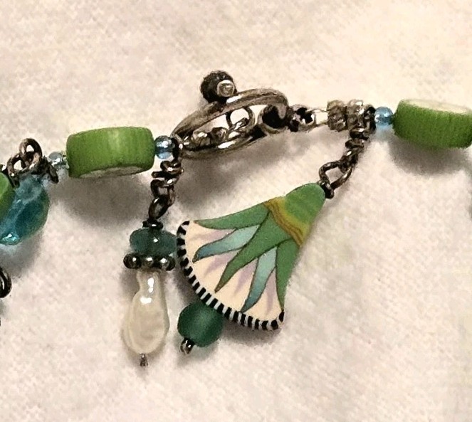 ​Designer Boho Chic Green Millefiori & Pearl Dangle Charm Toggle Bracelet