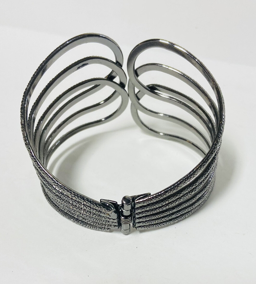 Metal Hinged Cuff Bracelet Textured Charcoal Gray Contemporary Rounded Bands