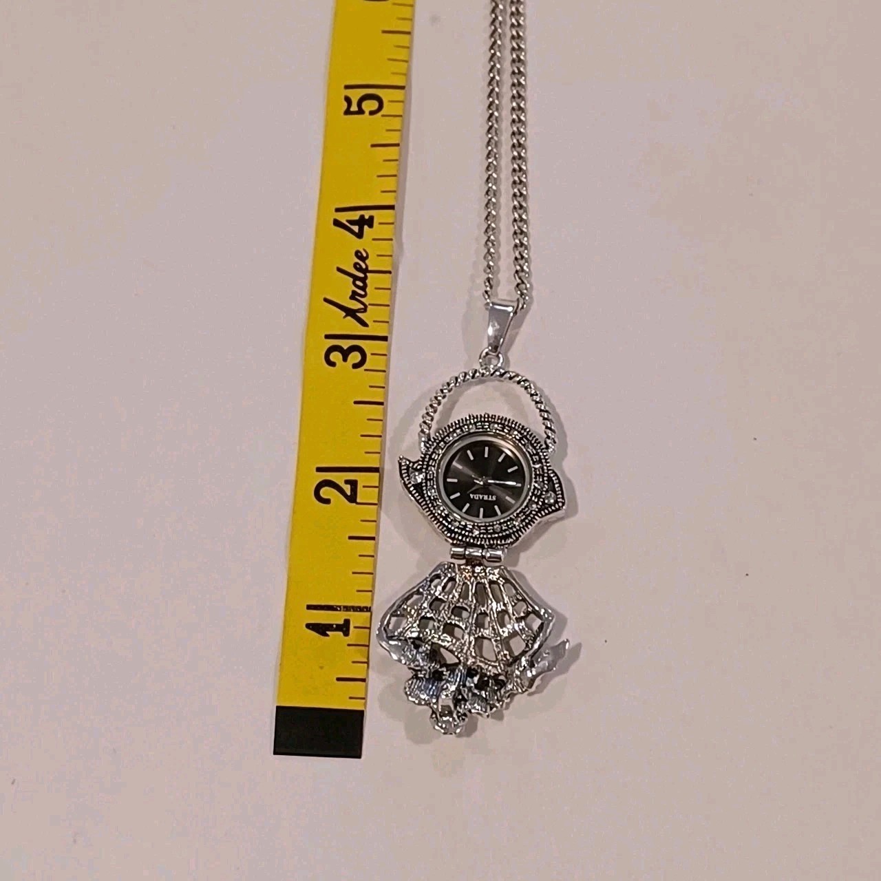 STRADA Silver Tone S. Steel Necklace Locket Watch Floral Design & Rhinestones