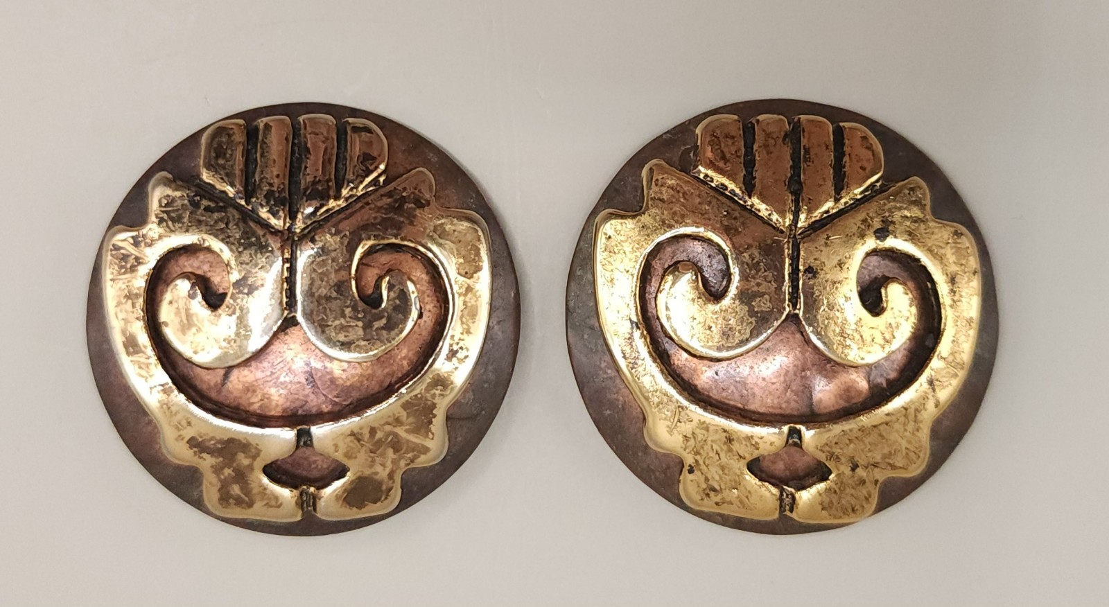 Vintage MCM Copper Brass Clip On Earrings Large Abstract Modernist Statement 50s