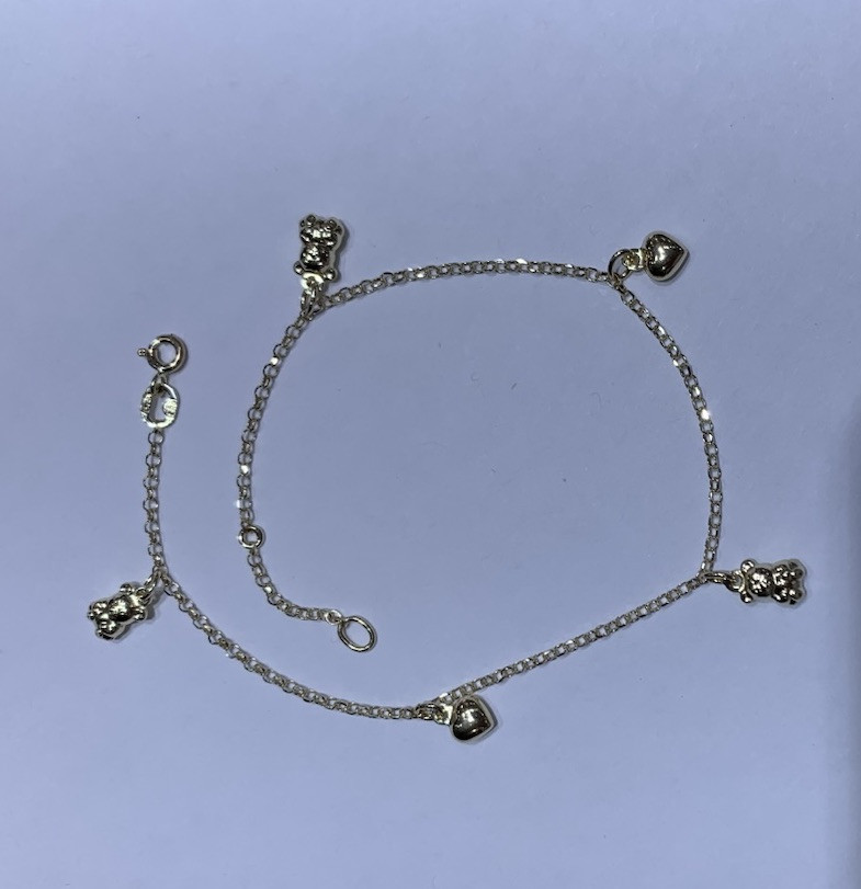 14K Solid Yellow Gold Dangle Heart Charm Chain Anklet 10 Inches 3.6GM