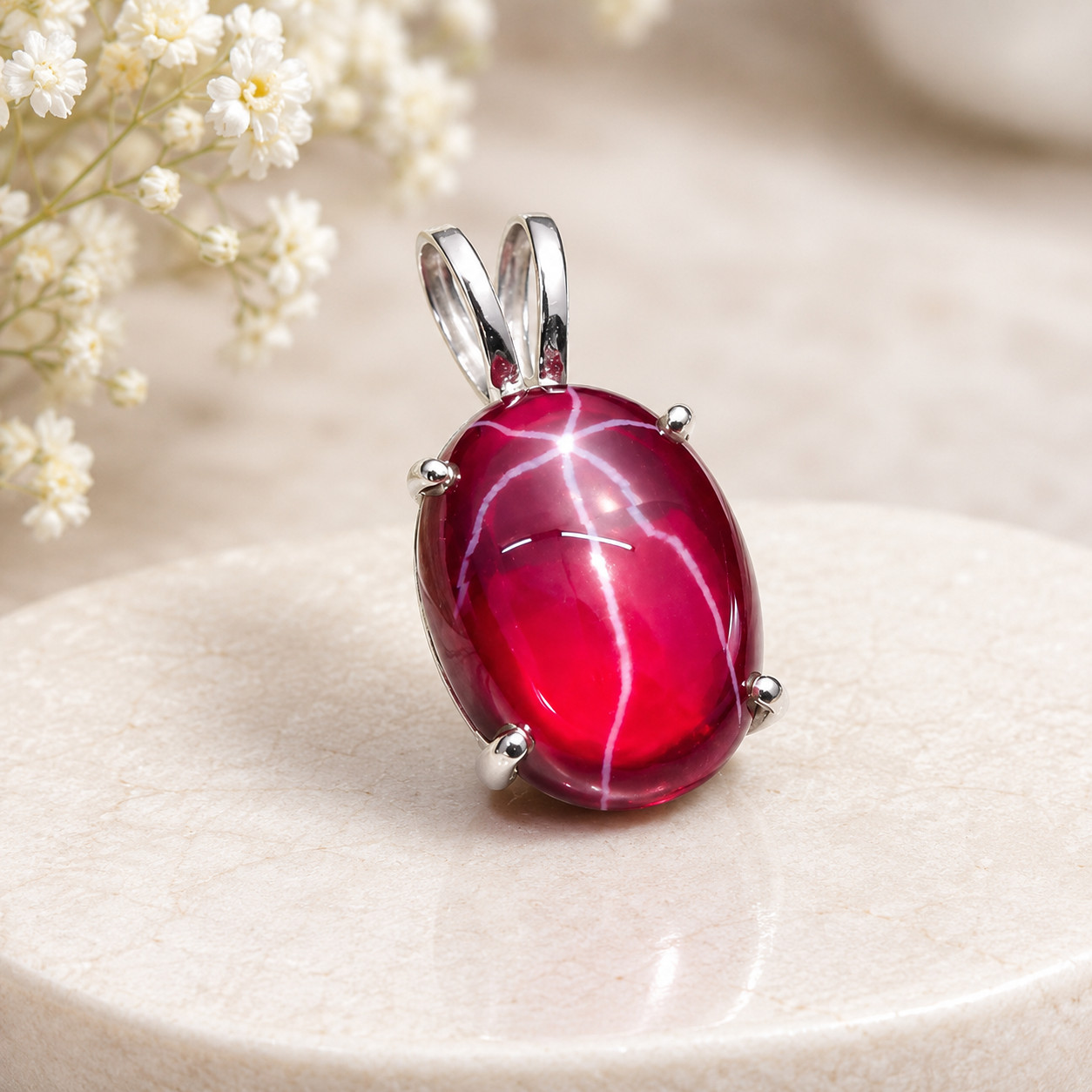 10CT Natural Red Star Sapphire Pendant | 925 Sterling Silver | Oval Cabochon
