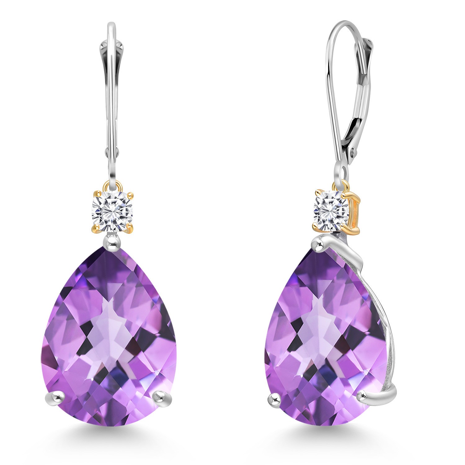 925 Silver and 10K Yellow Gold Amethyst and Zirconia Dangle Earrings for Women