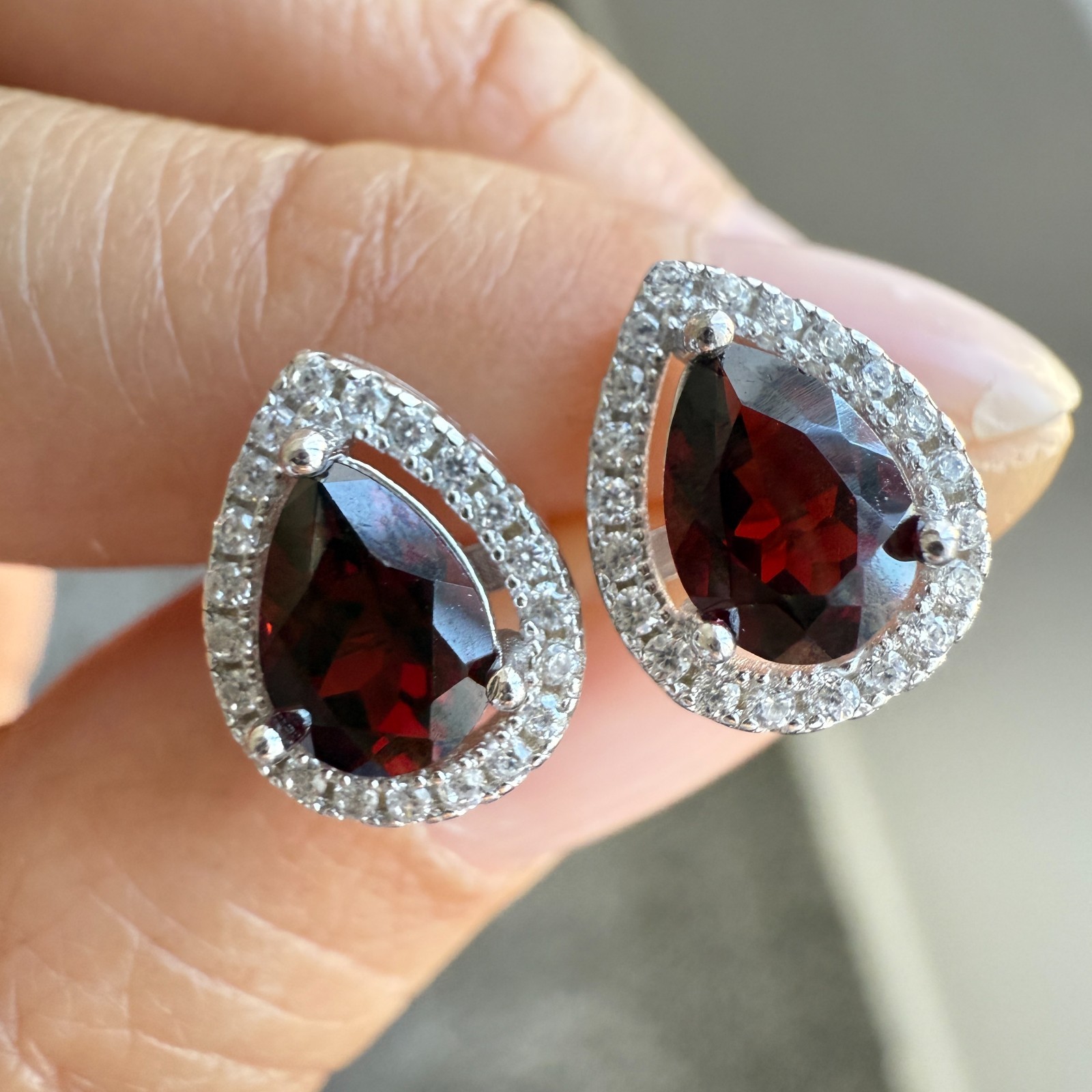 925 Sterling Silver Earrings 7x5mm Rhodolite Garnet Zircon Teardrop Handmade Red