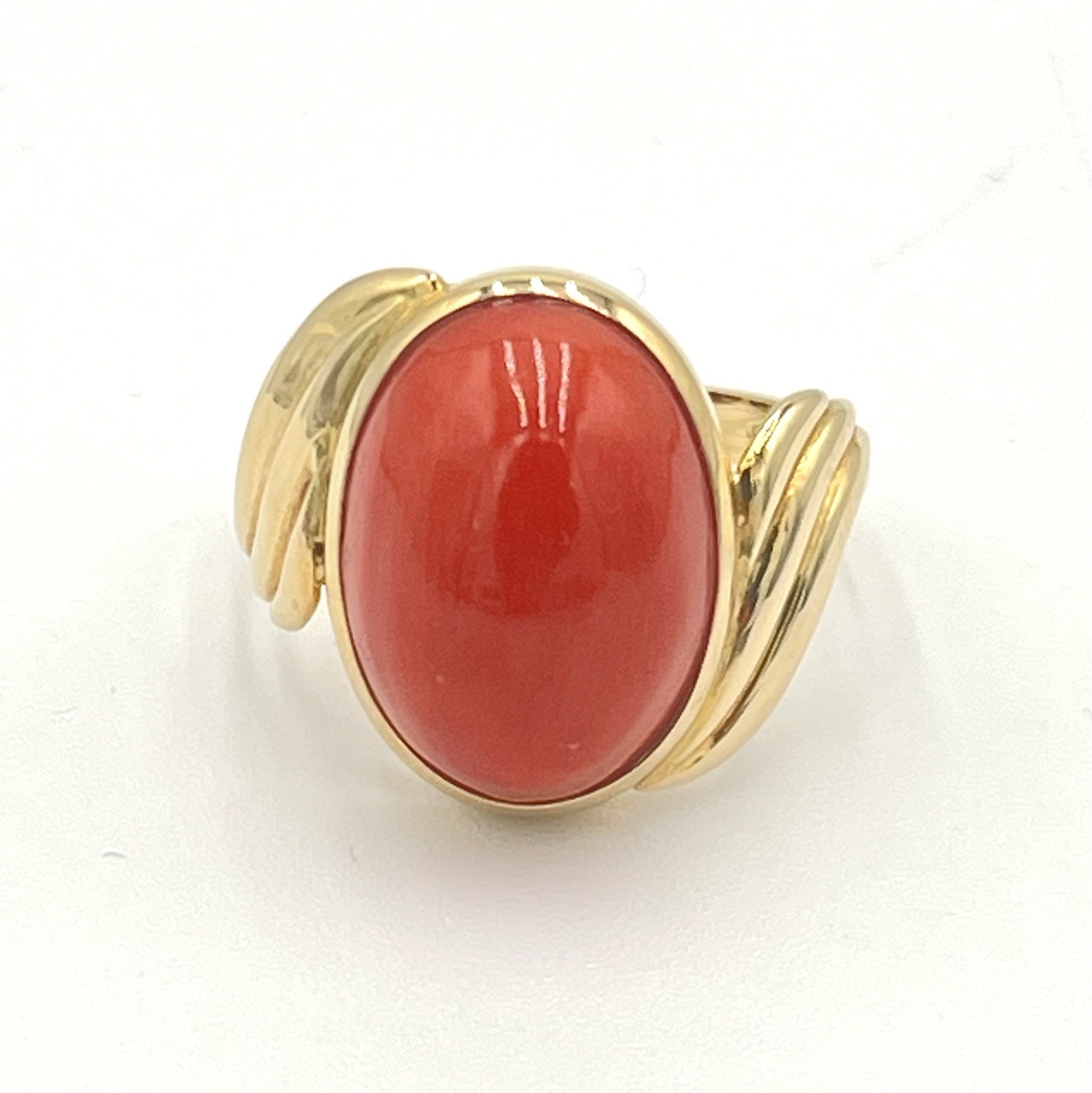 18Kt Gold Mediterranean Red Coral 16mm Cabochon Tower of the Greek Ring M+M