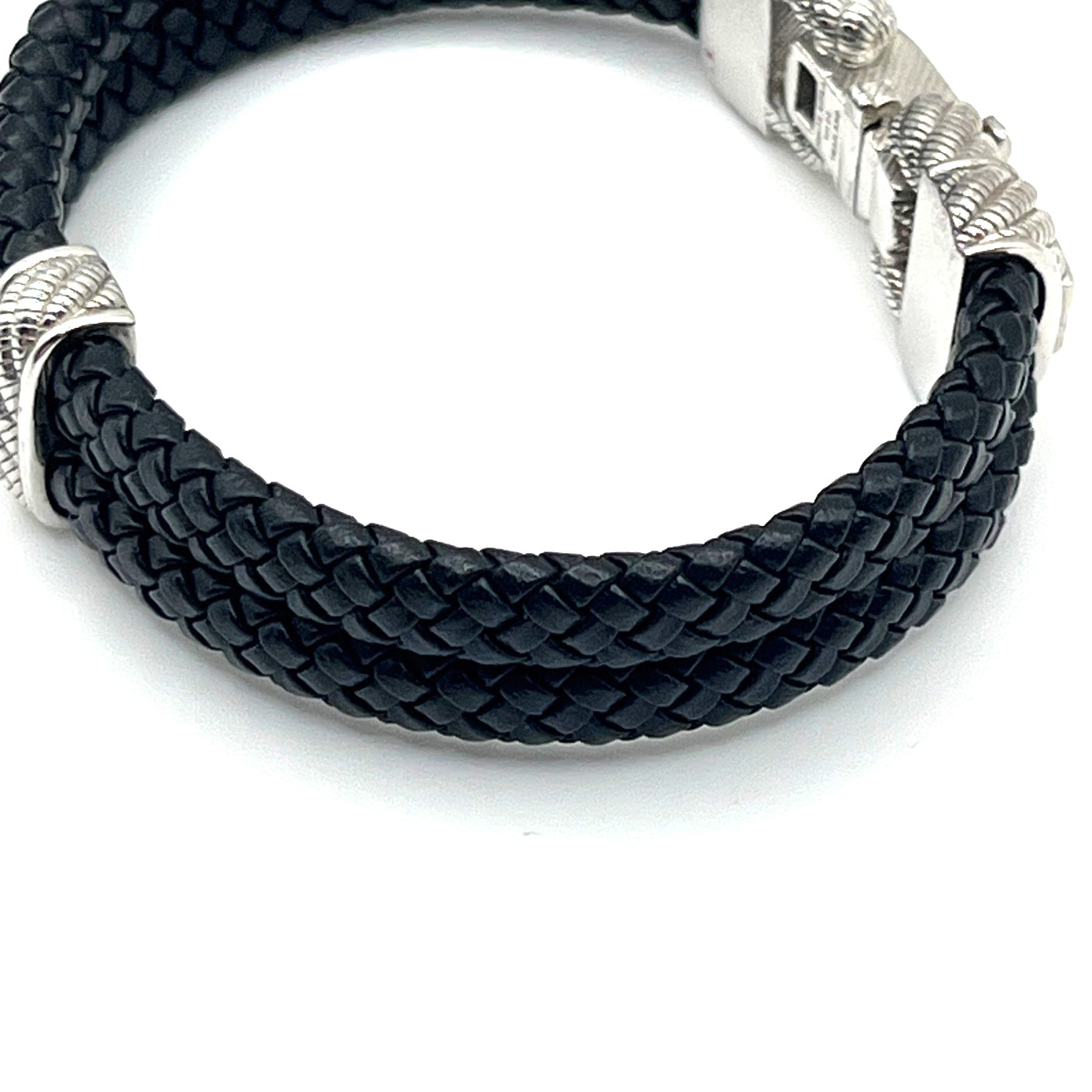 Judith Ripka Bracelet Sz 6.5 Link Black Leather CZ Sterling 925 Push Lock Latch