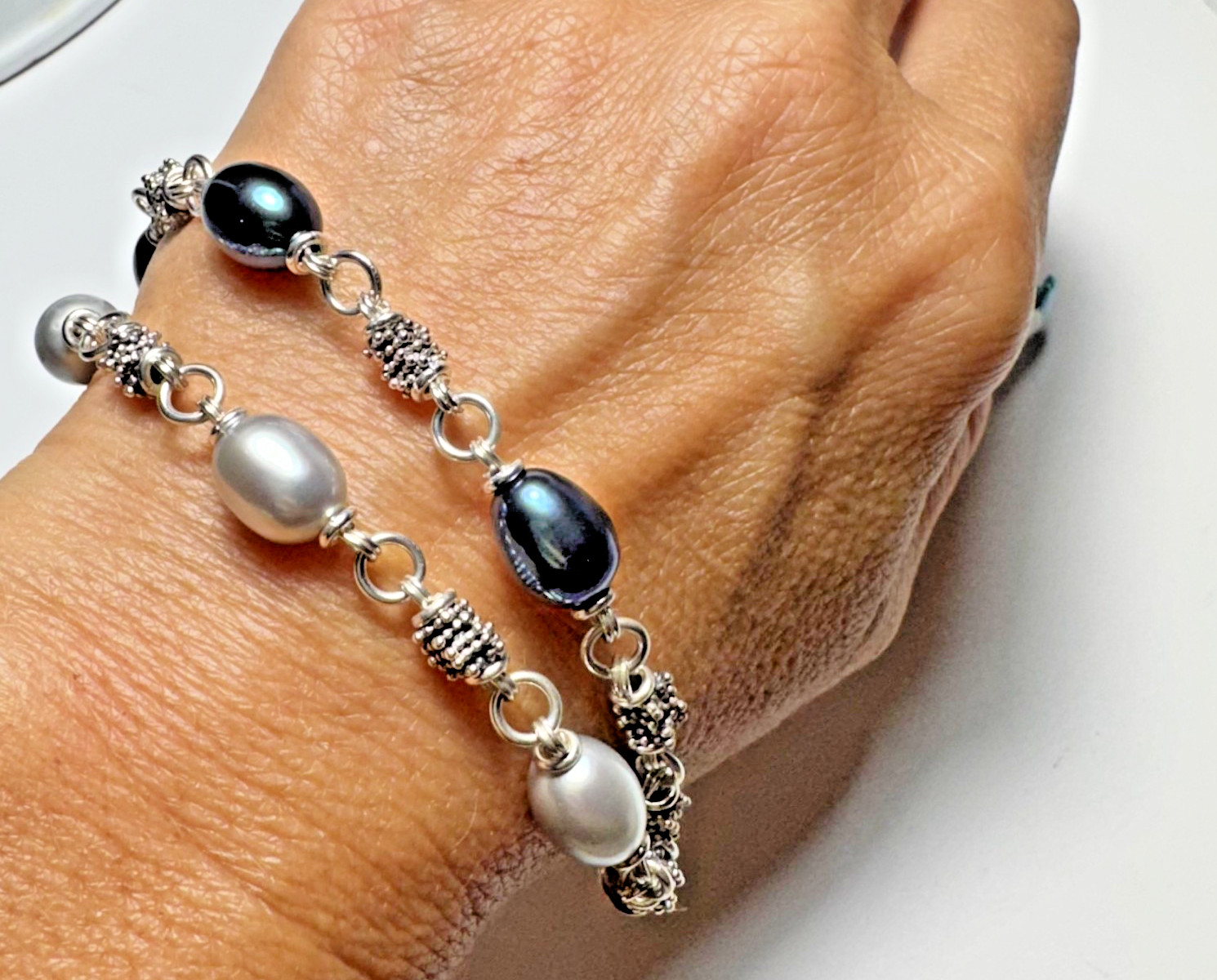 Michael Dawkins Sterling Silver 925 Gray Black Pearl Double-Strand Bracelet 7.5