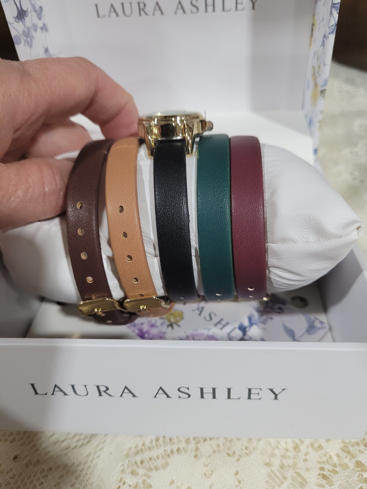 Laura Ashley Womens Mini Case Strap Watch Set with 5 Interchangeable Straps