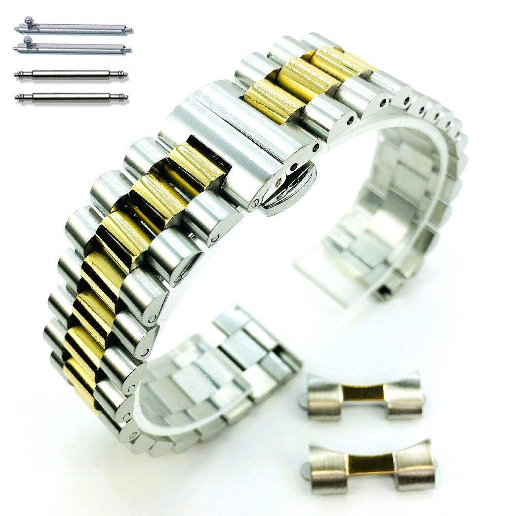 President Style Two Tone Gold Metal Watch Band 13mm 15mm 17mm 19mm 21mm #7055