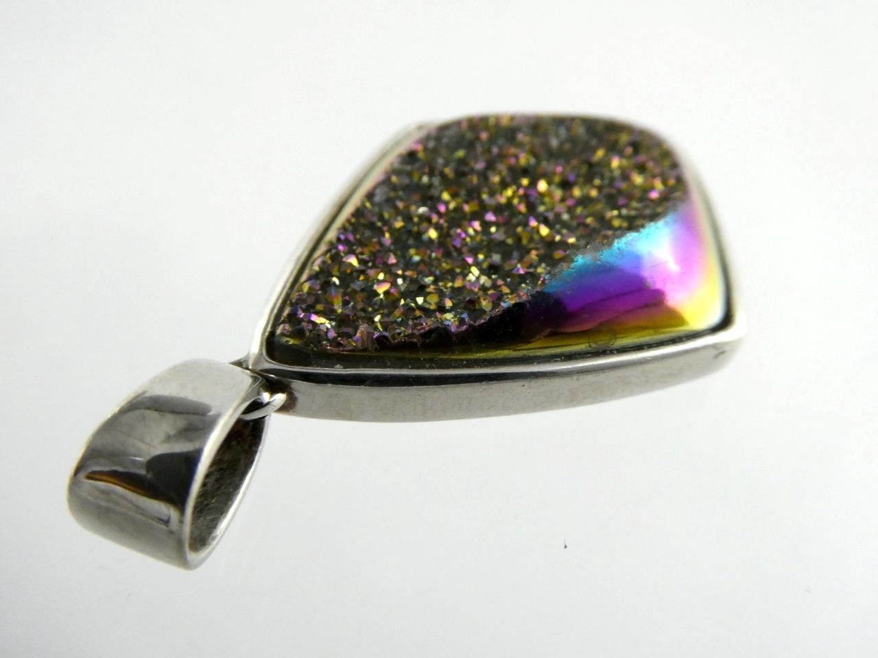 JH Sterling Silver Druzy Aura Quartz Pendant 925 1.5 Inch Length 8.8 Grams