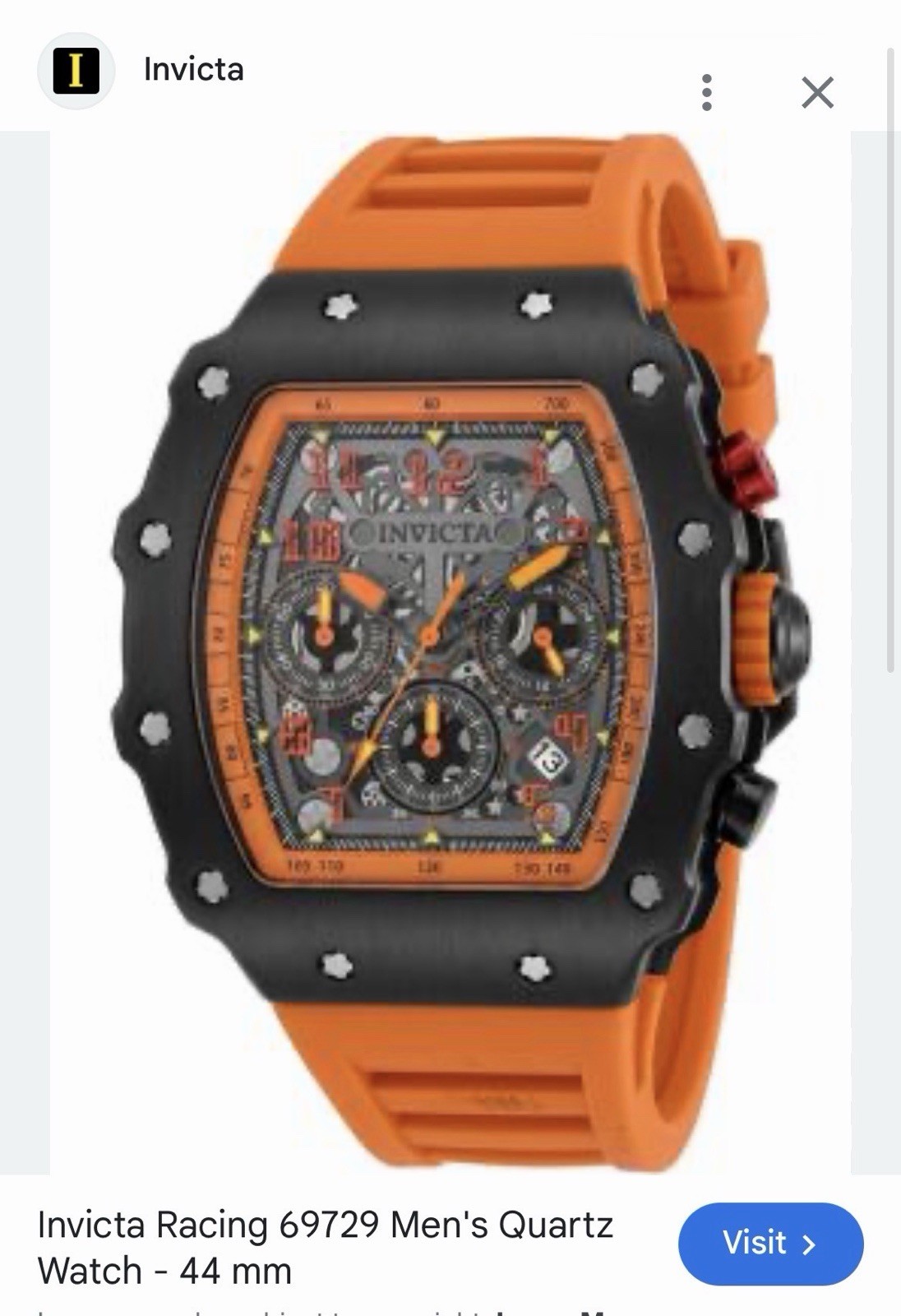 Invicta Racing Men’s Quartz Chronograph Date 44mm Black/Orange Silicone