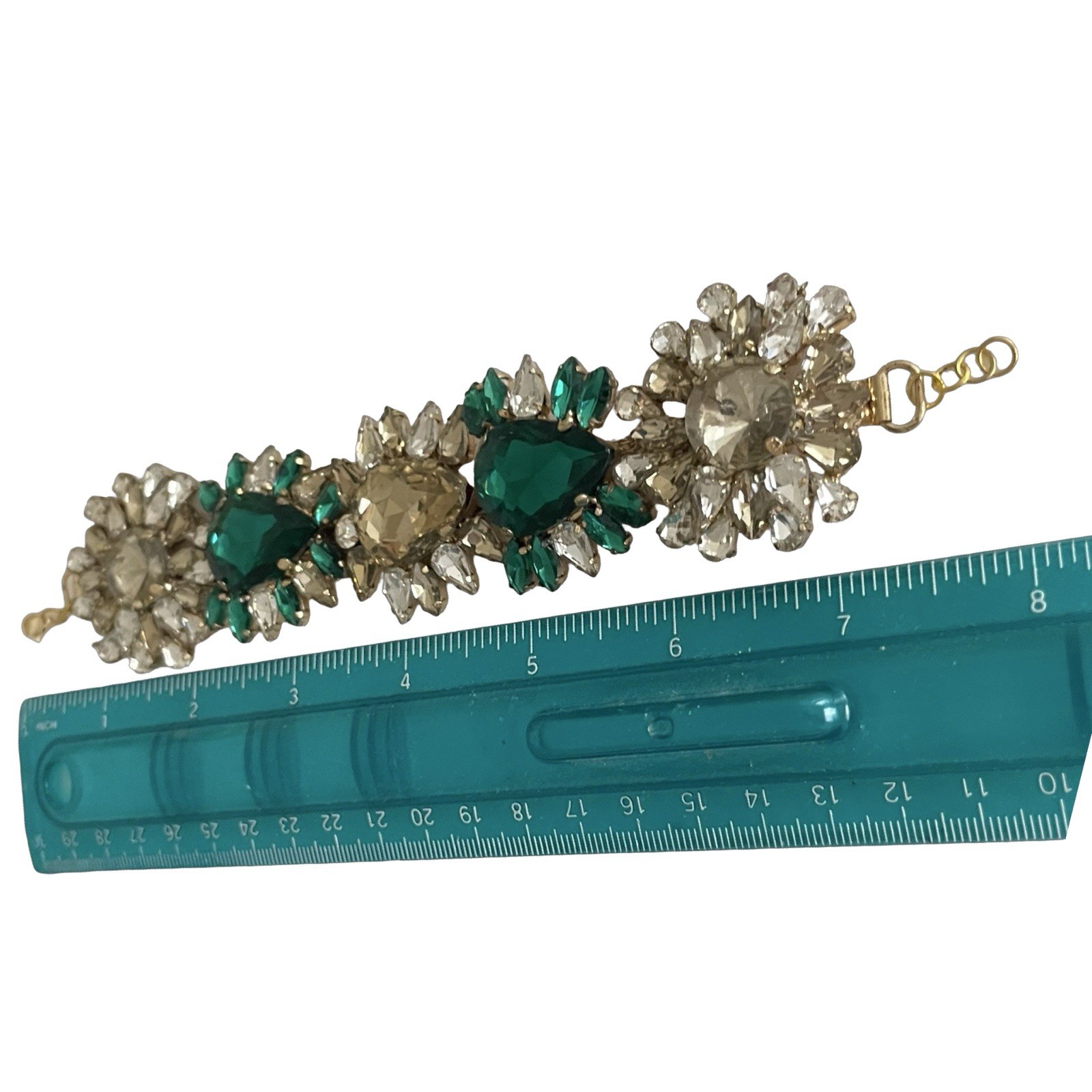 Vtg Rhinestone Bracelet Green Yellow White Gold Stunning Large Design 8” Adj