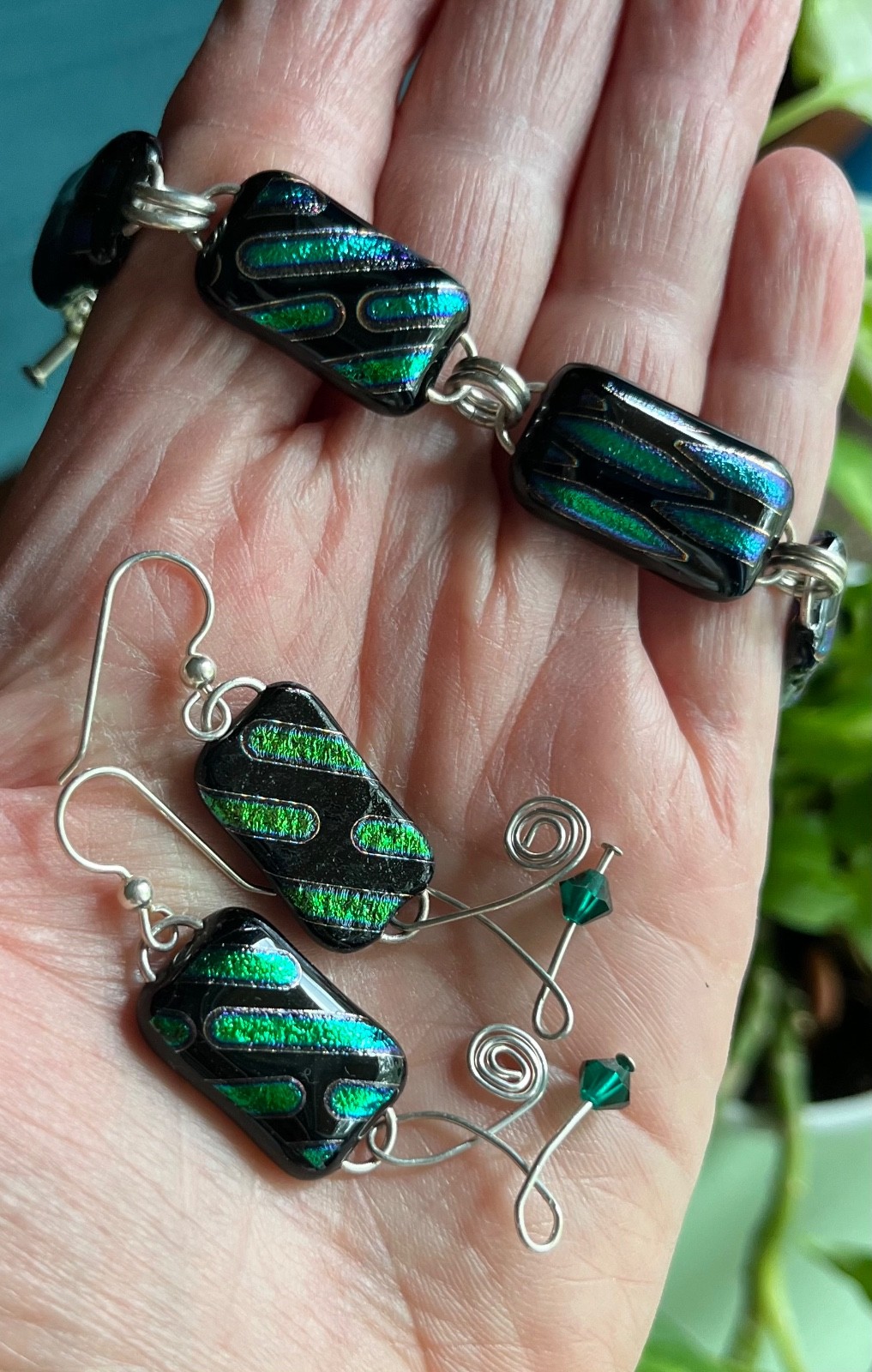 Sterling Silver Handmade GREEN/BLACK Metallic BRACELET Pierced EARRINGS Set