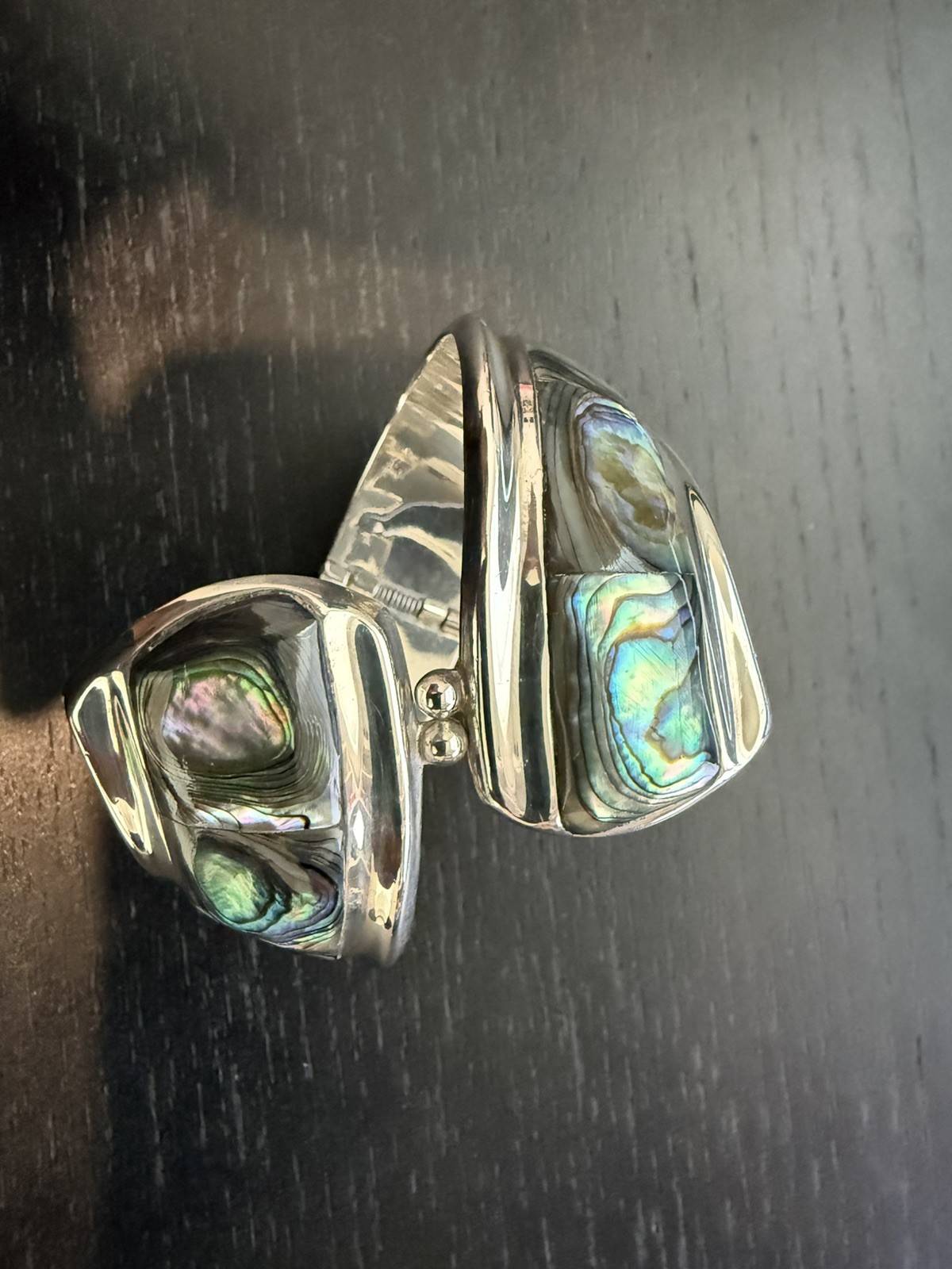 Vintage TAXCO Sterling Silver & Abalone Bypass Clamper Spring-Hinge TR-164
