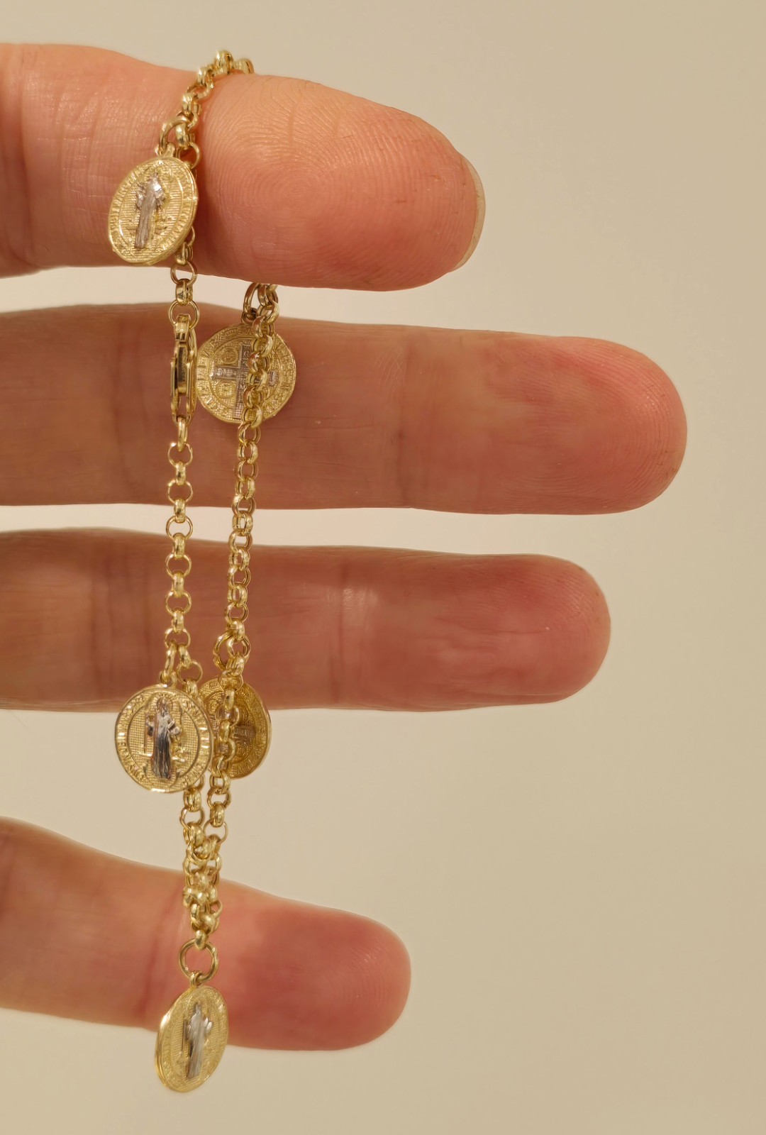 14k 2 Tone Gold San Benito Saint Benedict Rolo Chain Protection Bracelet