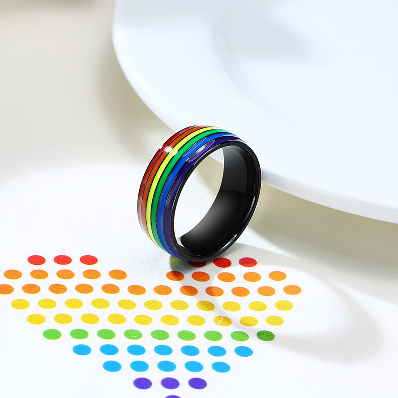 8mm Rainbow Color Love Gay Pride Lesbian Men’s Ring Stainless Steel Striped Band