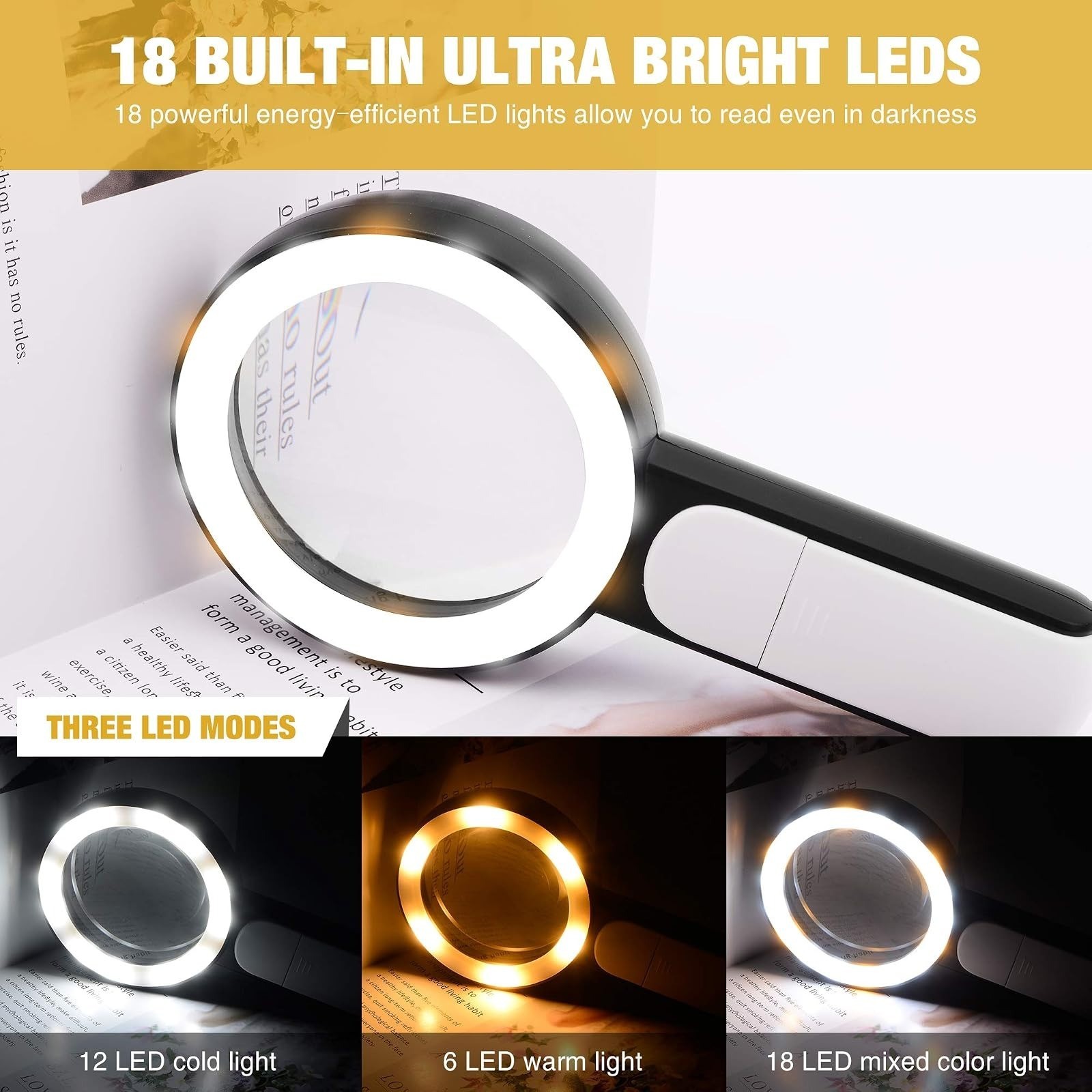 JMH Magnifying Glass with Light, Handheld Large Magnifying Glass 18LED Cold and