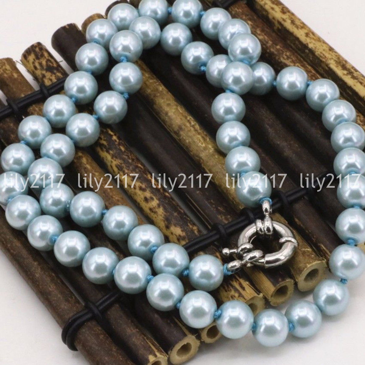 Fashion 8/10mm Light blue Akoya Shell Pearl Round Necklaces 16/18/22/25/36/50″
