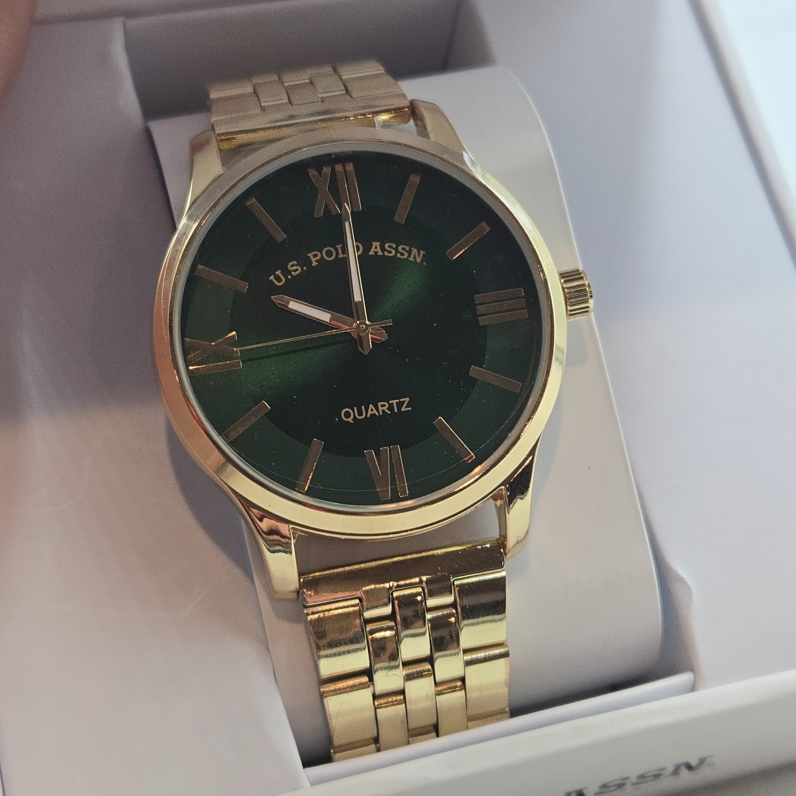 U.S. Polo Assn. Gold Tone Quartz Wristwatch Green Dial Analog in Original Box