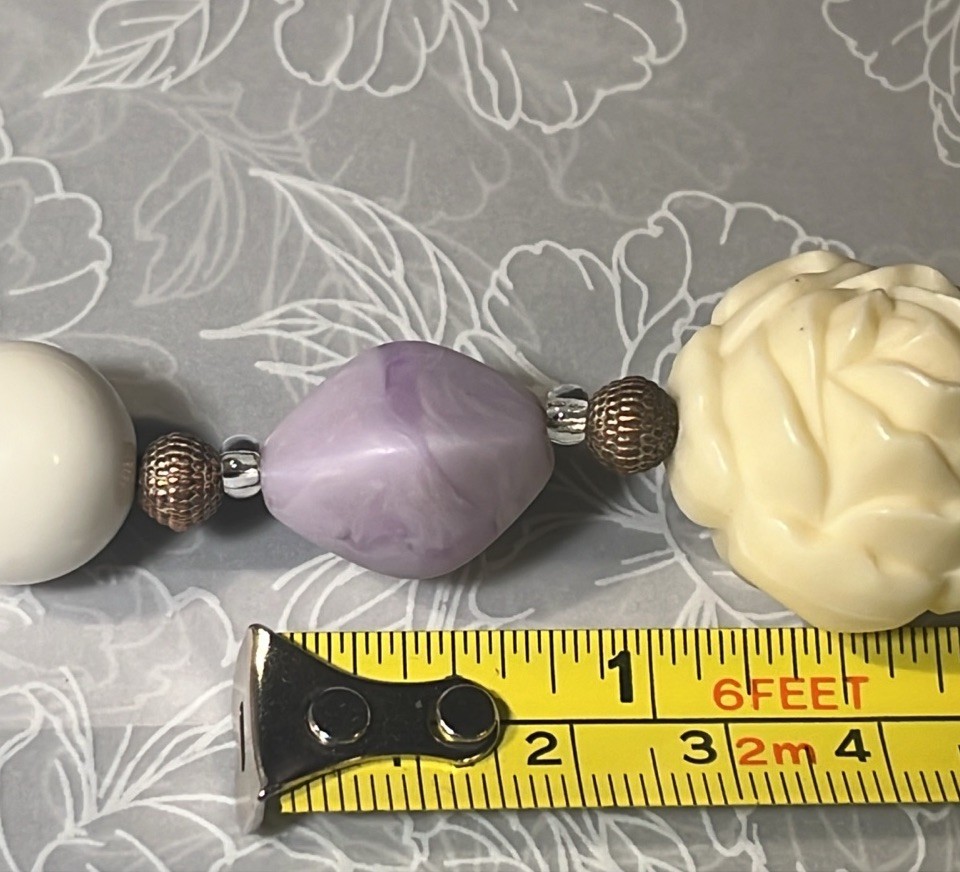 Vintage Lavender, White & Cream “carved” Flower Beaded Necklace & Earrings Set