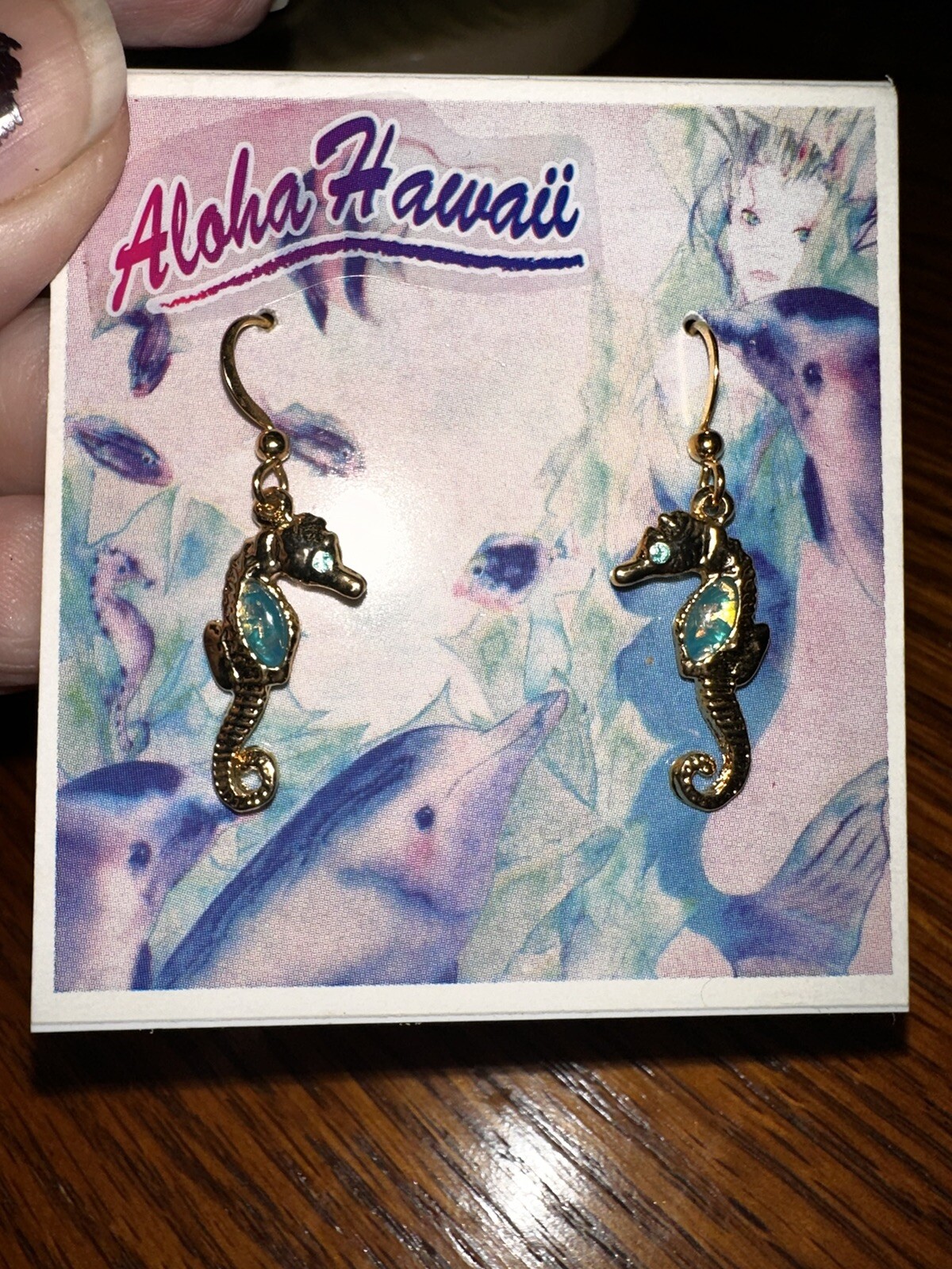 Lightshine Sea Gems Brass Hook Earrings Layered With 14K Gold Seahorses NEW