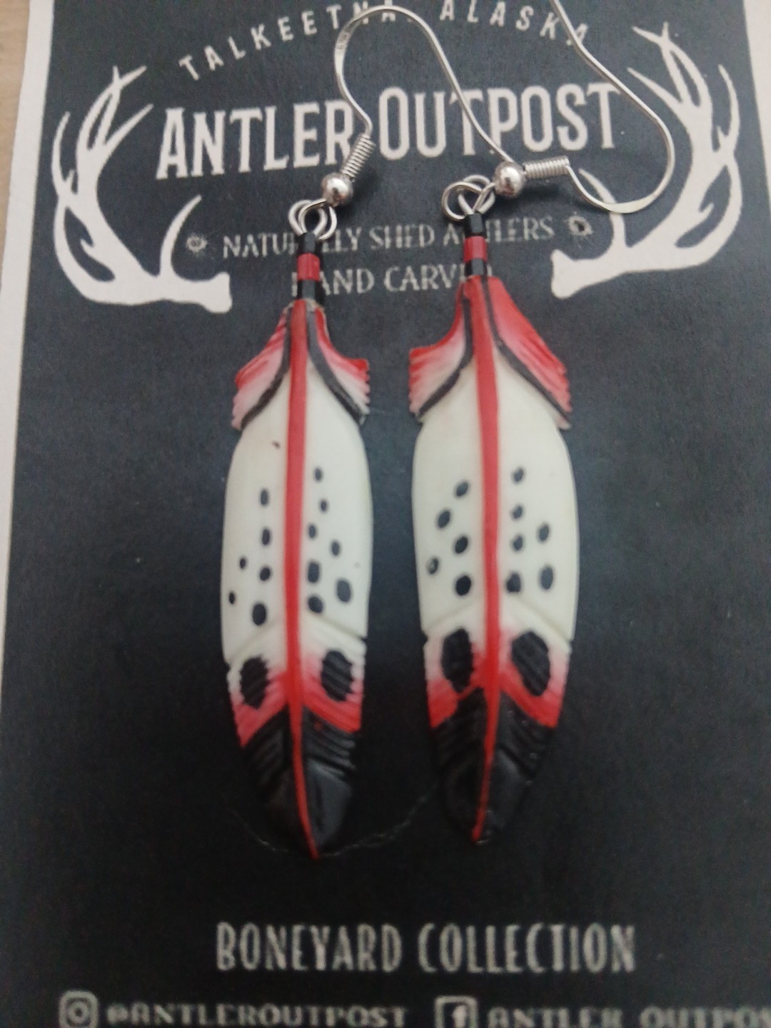 HANDMADE CARVED WATER BUFFALO BONE FEATHER EARRINGS ALASKA BONEYARD COLLECTION