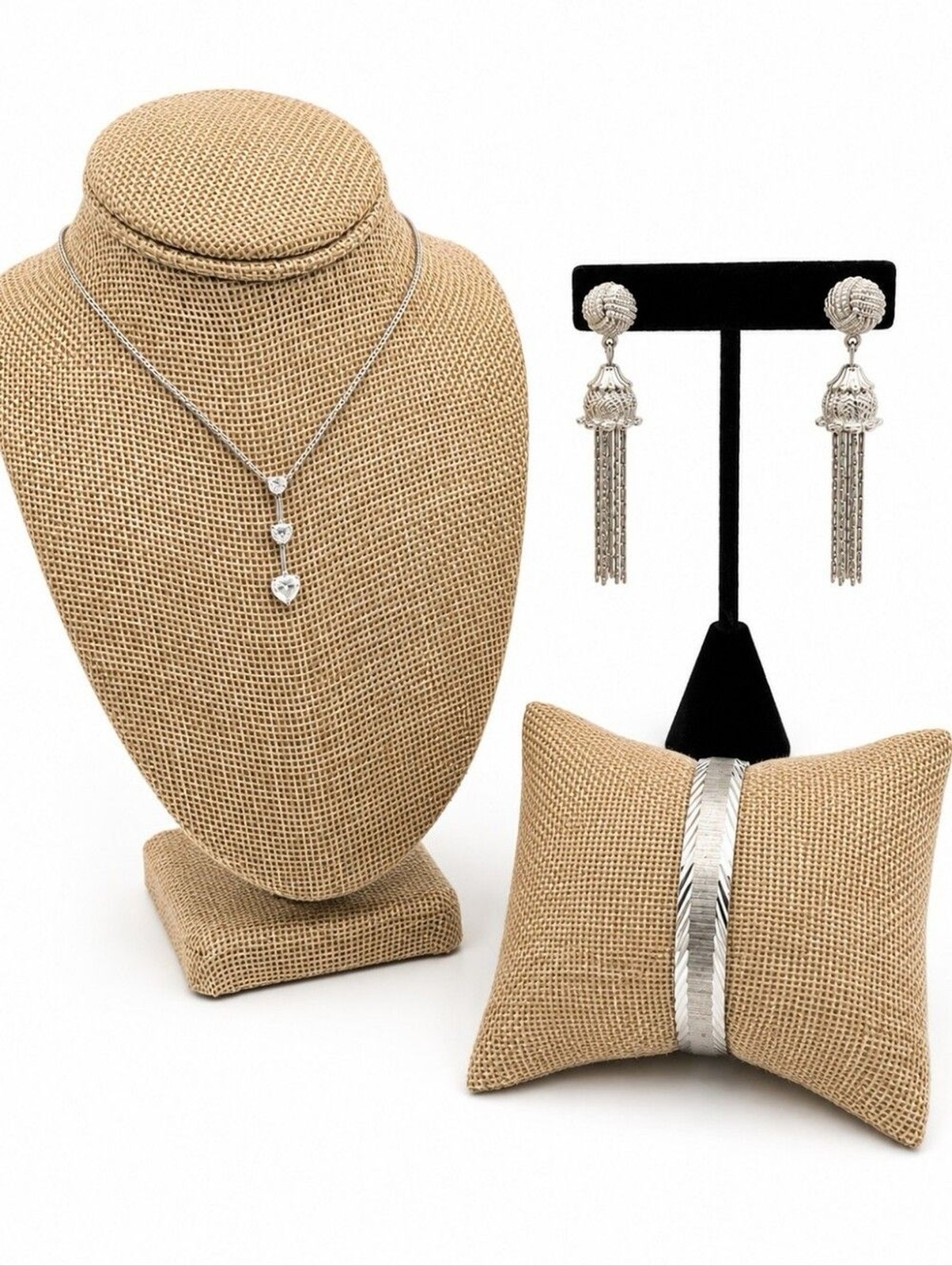Vintage Monet Silver Tone 3 Piece Jewelry Set Necklace Clip On Earrings Bracelet