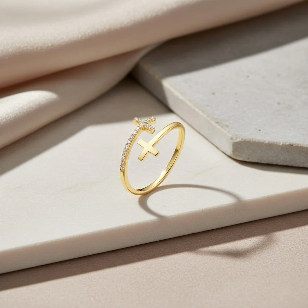 Gold & CZ Double Cross Ring by Stella Amoré: Adjustable Christian Jewelry