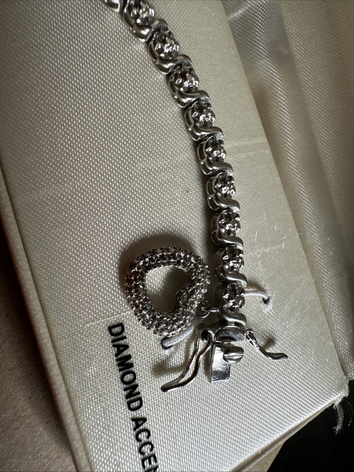 Marked 925 Platinum Over Silver Diamond Accent Tennis Bracelet w/ Heart Charm