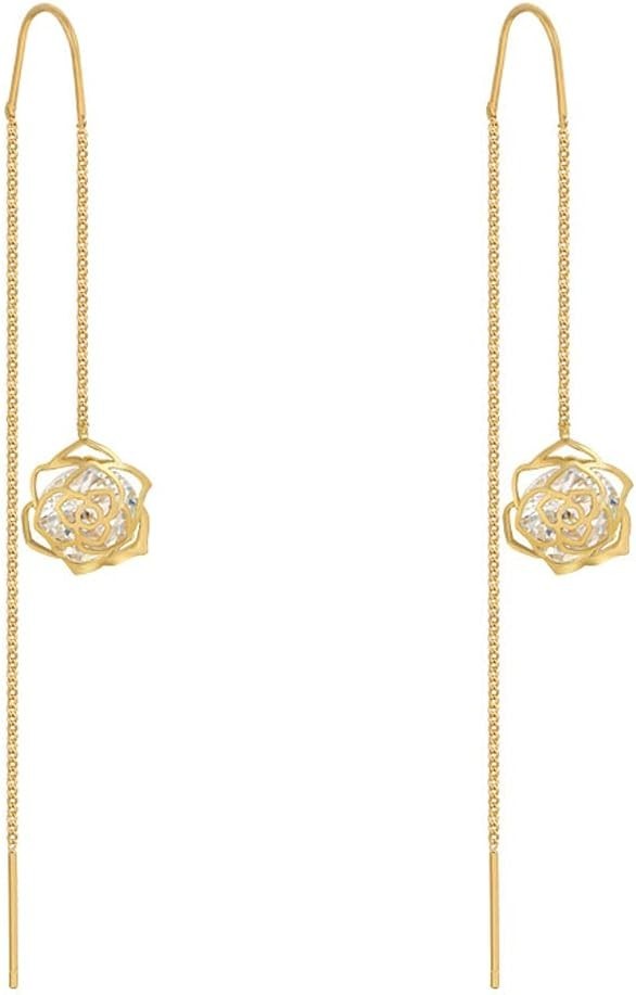 Aretes Largos de Cadena Flor Rosa Oro 14K para Mujer o Dama de Honor