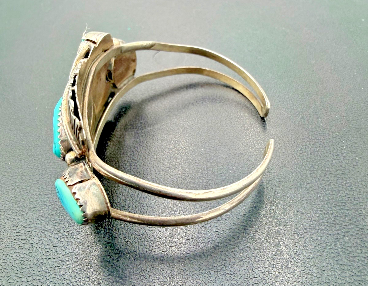 Vintage Native American Sterling Silver Turquoise Cuff Bracelet Signed LY
