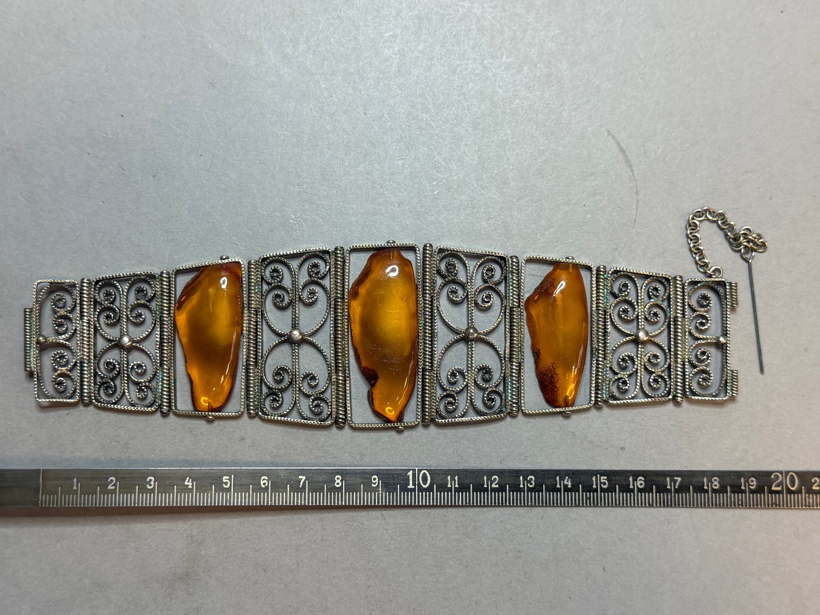 Vintage Soviet USSR Filigree Melchior Panel Bracelet Baltic Amber Honey Cognac