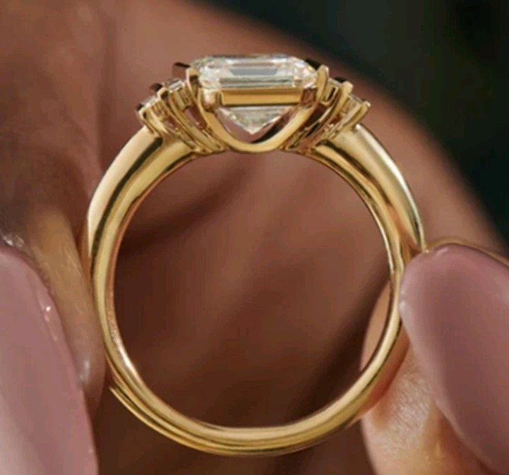 Asscher Cut Solitaire Ring Baguette Side Stones Yellow Gold Plated Bar Setting
