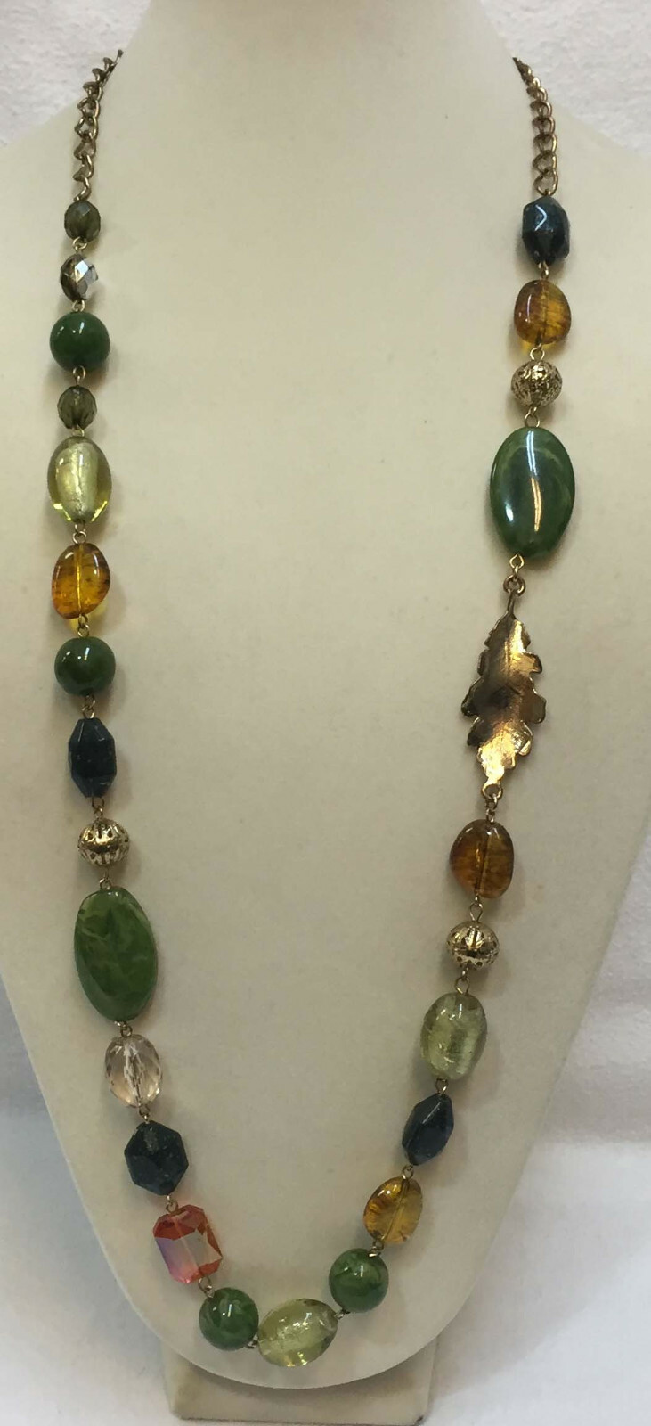 Necklace Stone Like Plastic Beads Green Amber Gold Leaf Strand String 33″ Beaded