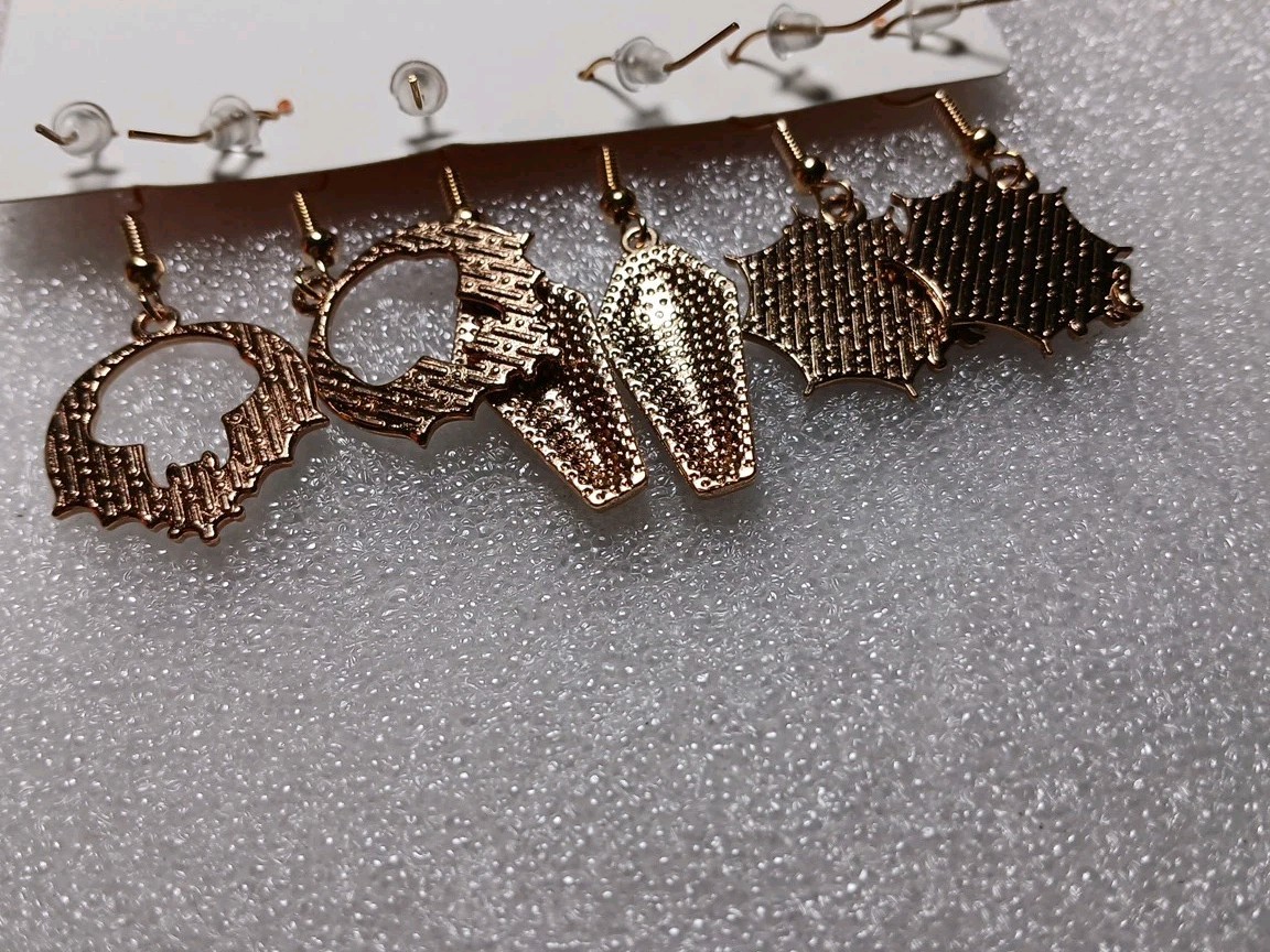 Classic Halloween Earrings, Set Of 3 Pair,Dangling, Goldtone, All Ages