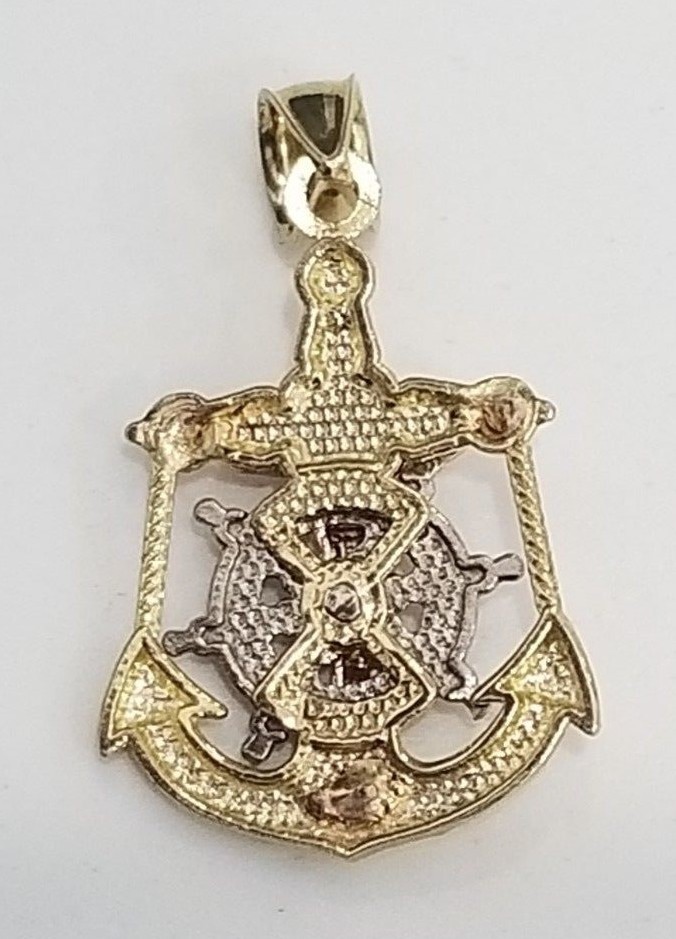Real 10k Tri Tone Gold Anchor Jesus Cross Wheel Pendant Charm 20″ Rope Chain Set