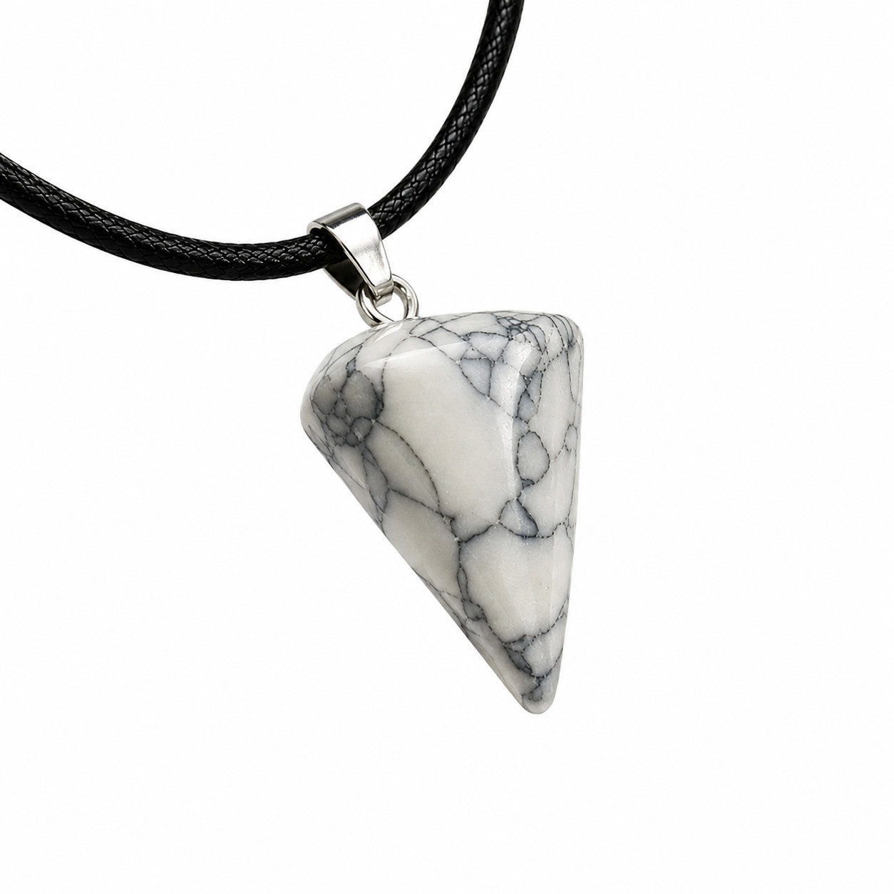 White Howlite Crystal Pendulum Necklace Pendant Black Cord Healing Stone Jewelle
