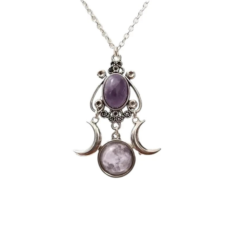 Triple Moon Goddess Necklace Amethyst Crystal Pendant Necklace Jewelry