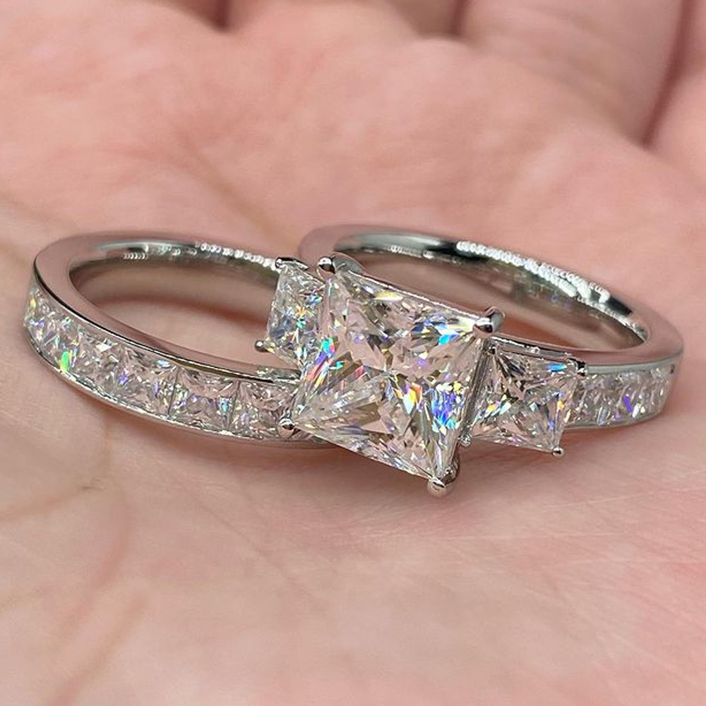 2.4CTW Princess Cut Moissanite 3-Stone Engagement Ring Set 14k White Gold Plated