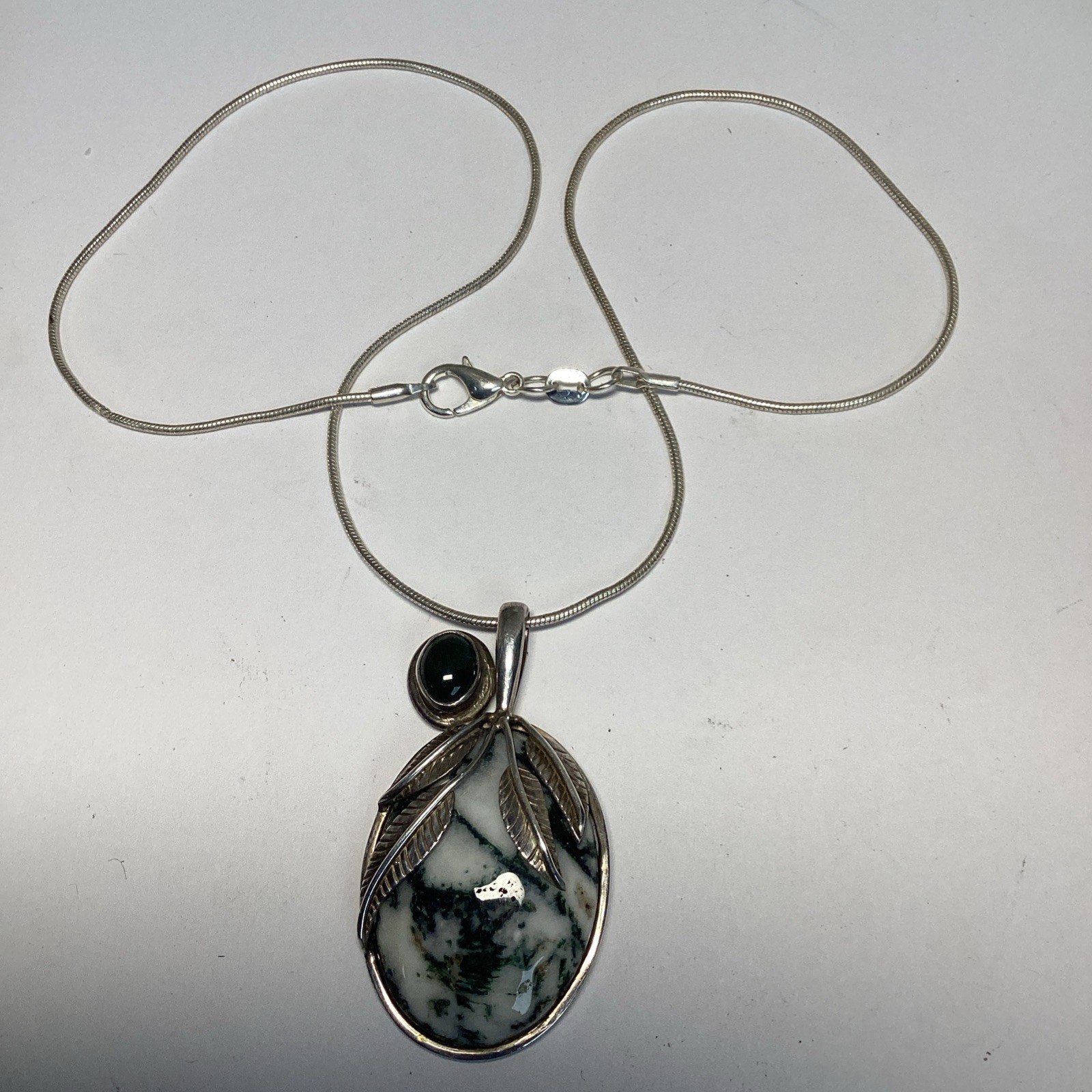 Sajen Pendant Sterling Silver Tree Agate & Jade On Snake Chain