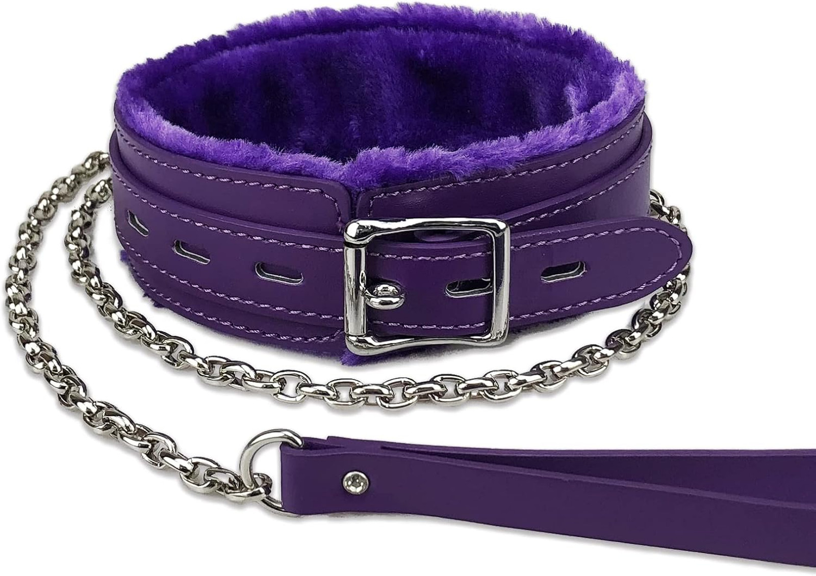 Gothic Leather Choker Collar PU Leather Fur Lined Adjustable Necklace with Chain